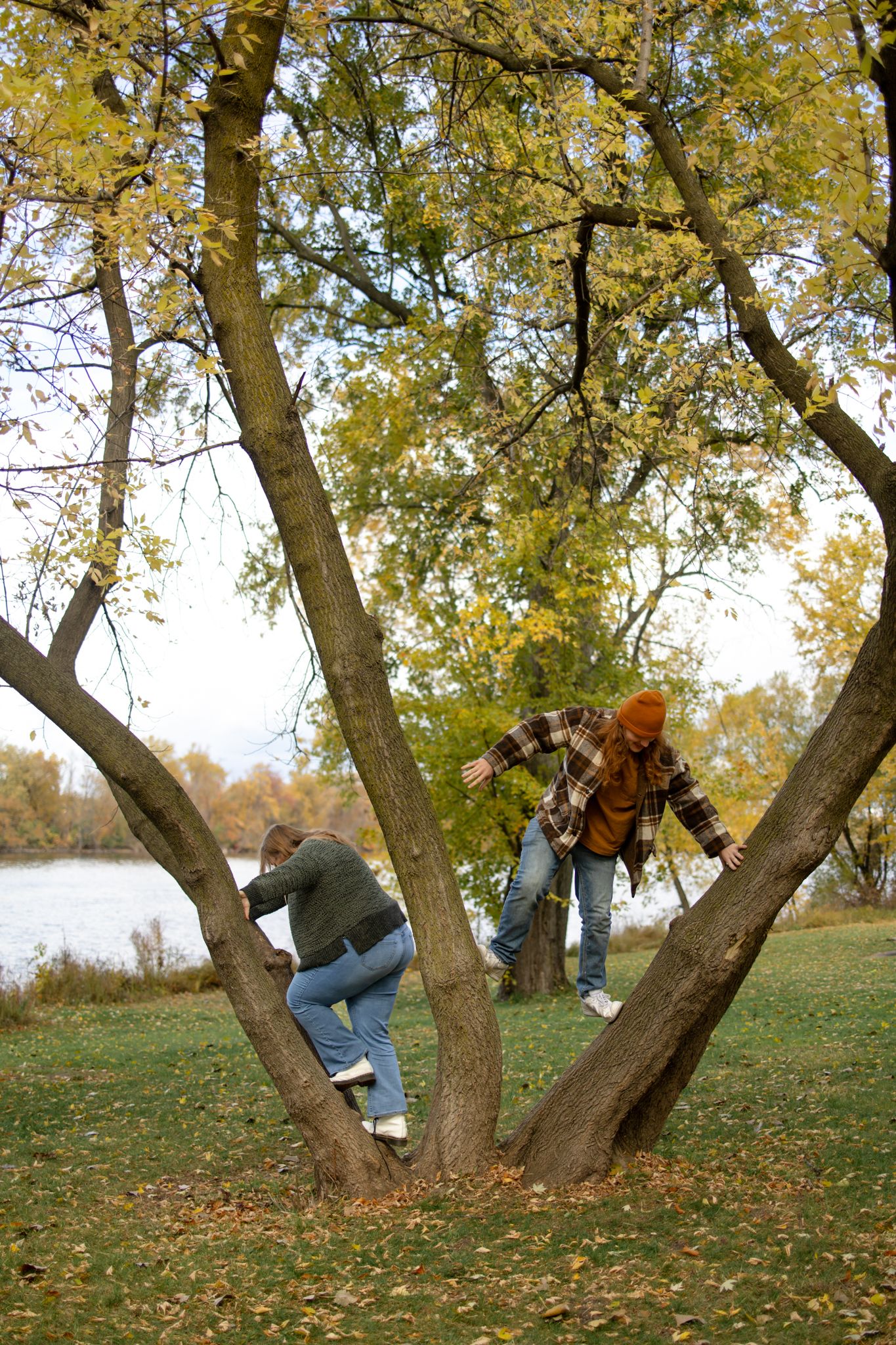 Two people climb and play in autumn trees near a lake.