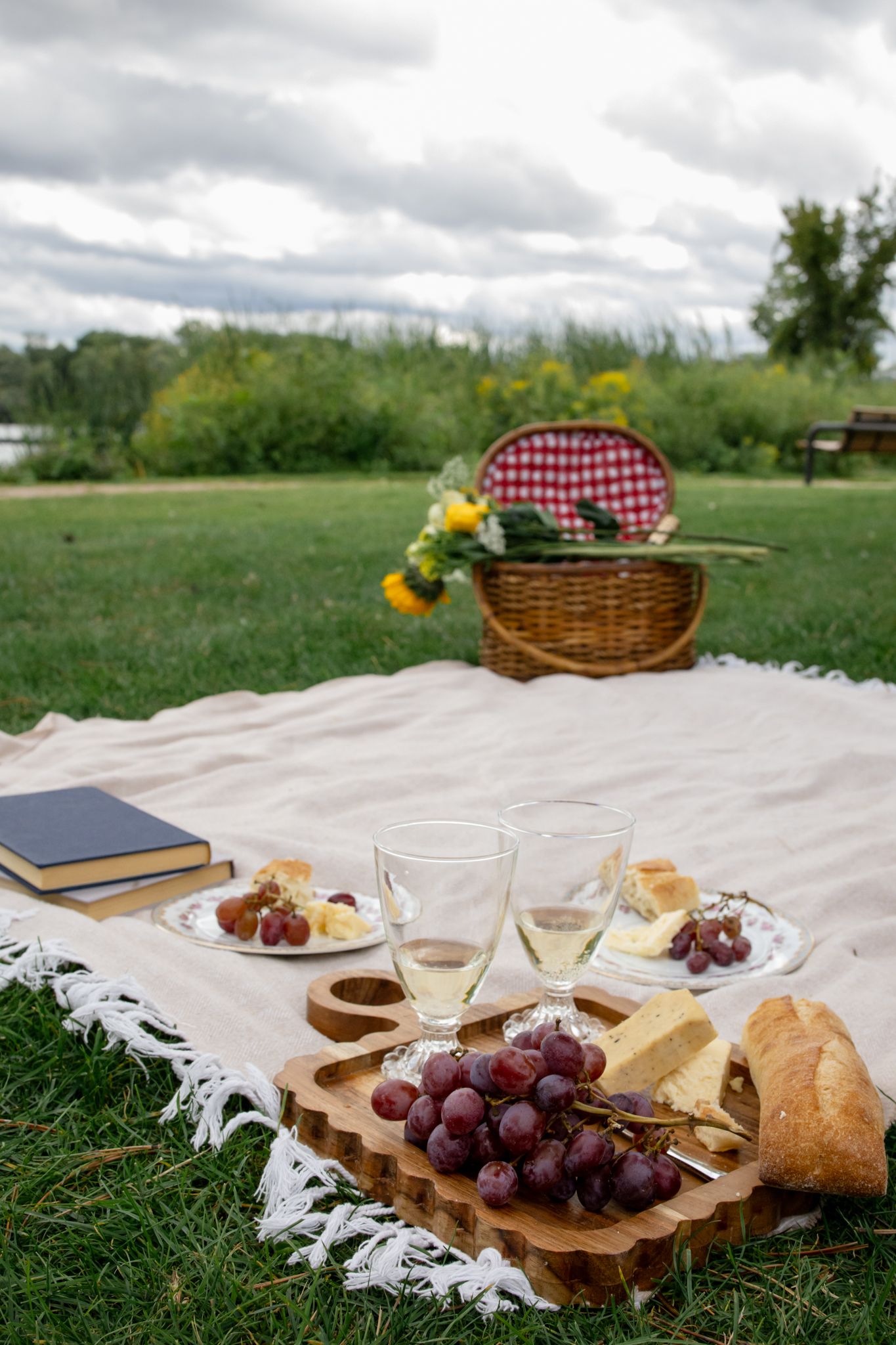 A picturesque picnic spread with wine, grapes, bread and cheese on a white blanket outdoors.
