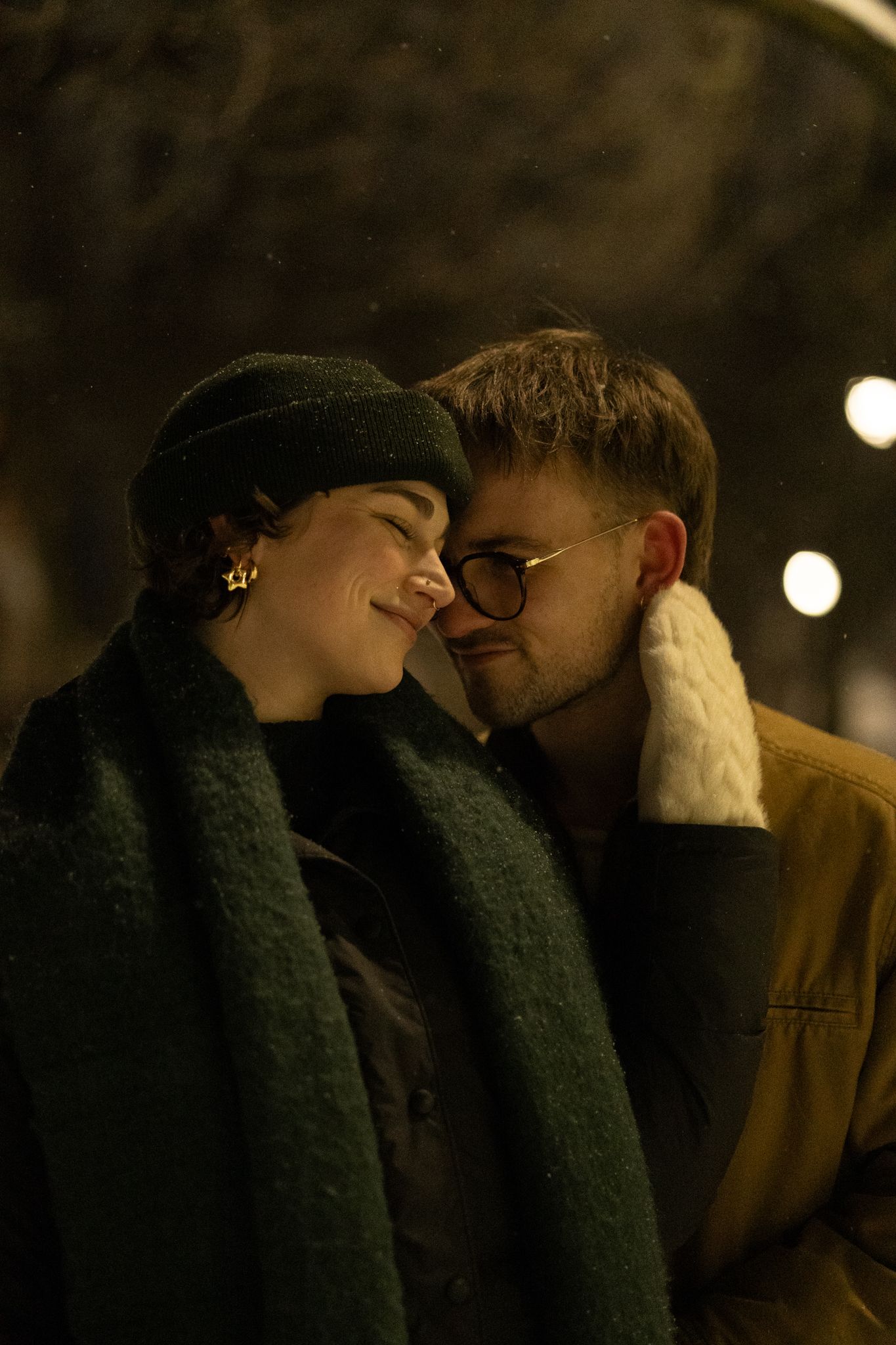 A romantic evening moment illuminated by soft lighting.