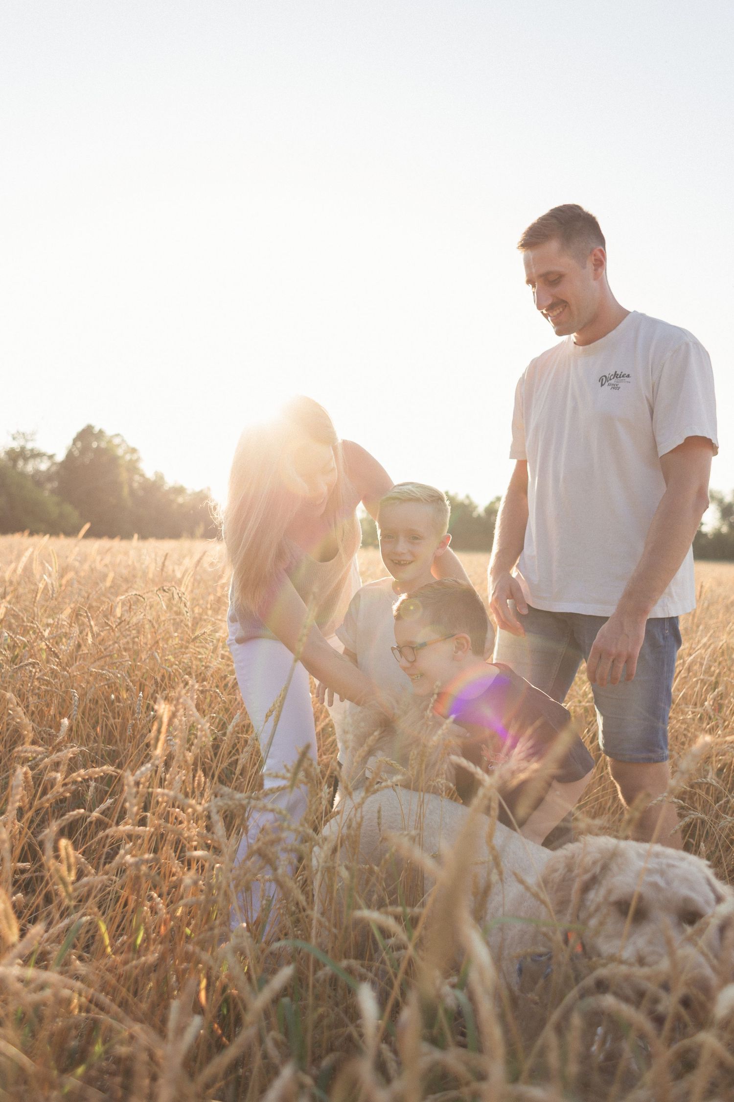 Une famille et leur chien jouant ensemble dans un champ de blé au coucher du soleil.