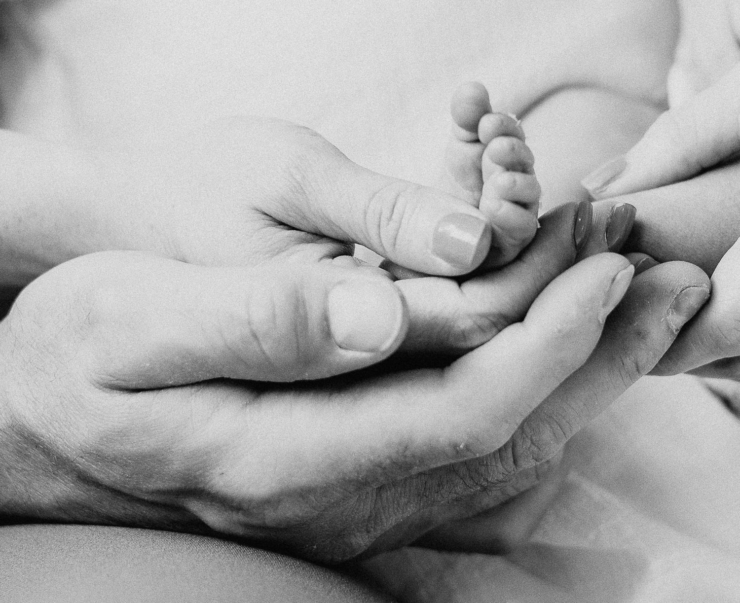 Nine black and white close-up images showing gentle hand holding gestures demonstrating caring touch and connection.