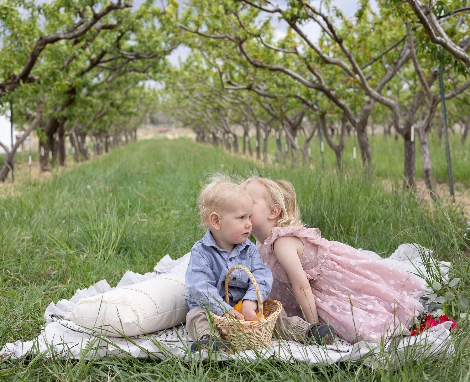 Two young children share a sweet moment on a picnic blanket in a lush green orchard with a basket nearby.