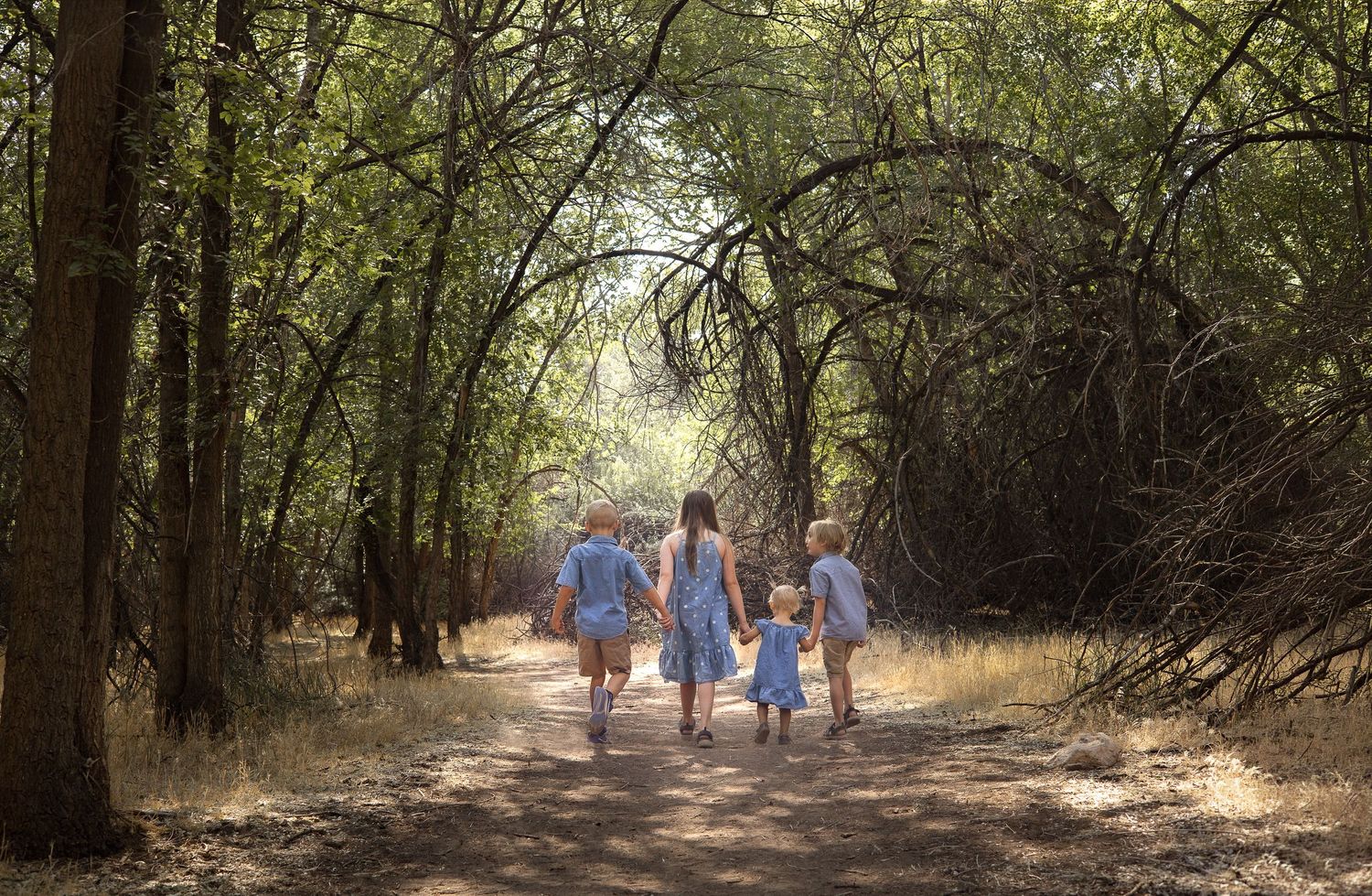 A mother walks with three young children down a sunlit forest path surrounded by arching green trees.