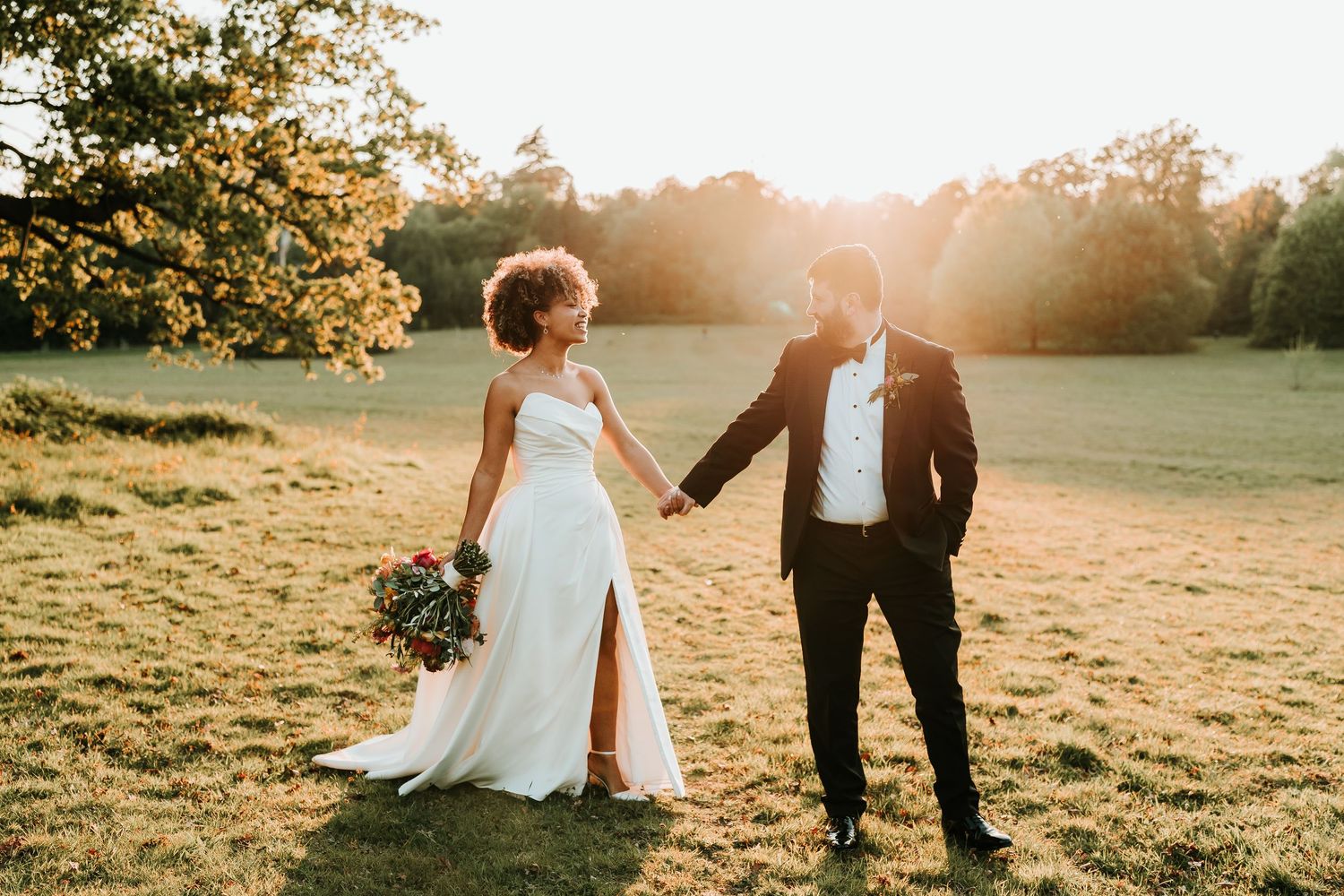 Bride and groom sunset portraits at Botleys Mansion in Surrey.