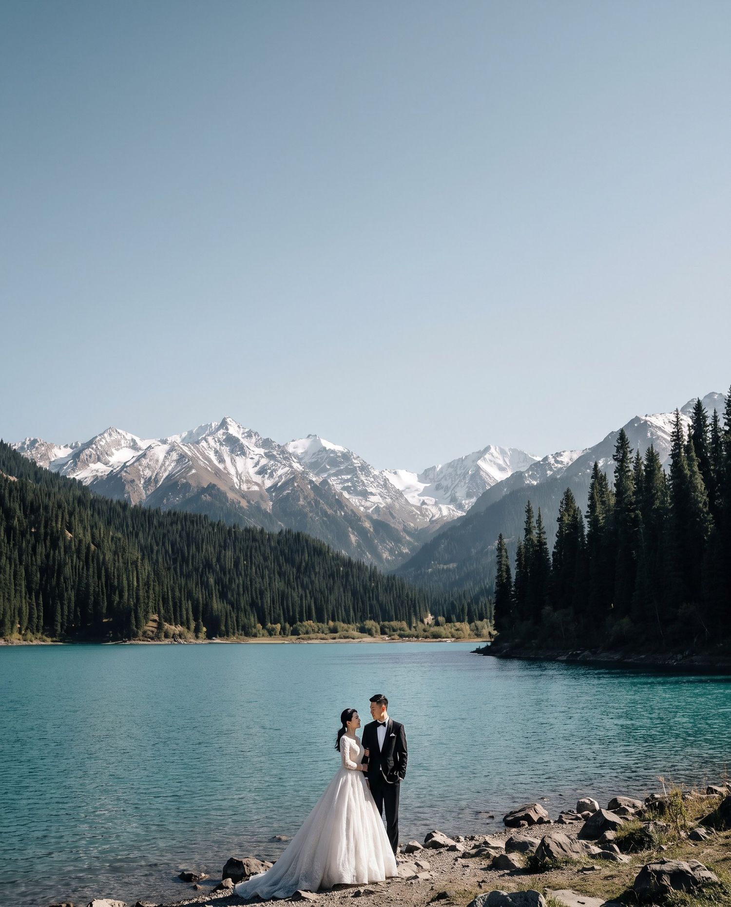 Bride and groom stand by a turquoise mountain lake with snow-capped peaks and pine forests in the background.
