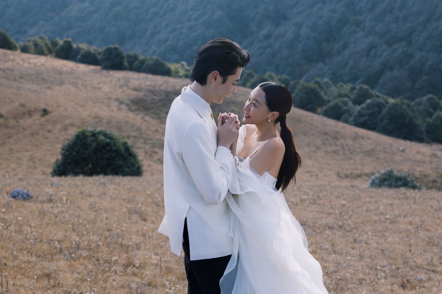 Couple in white wedding attire hold hands and gaze at each other romantically in a golden hillside field.