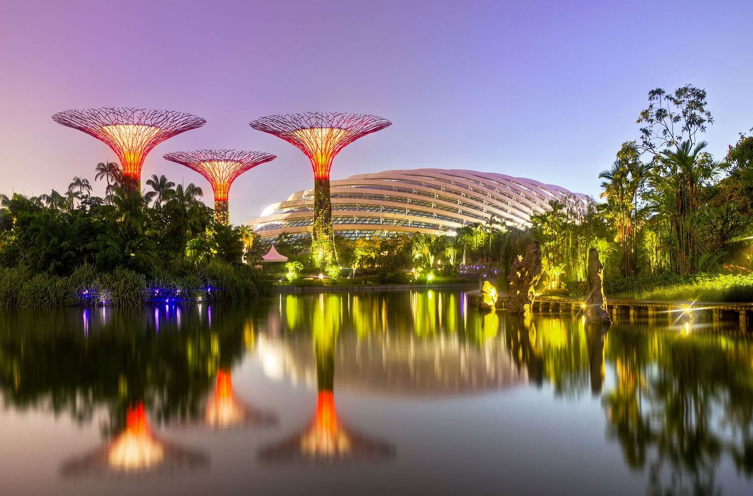 Illuminated Supertree Grove at Gardens by the Bay Singapore reflecting in calm water at twilight.