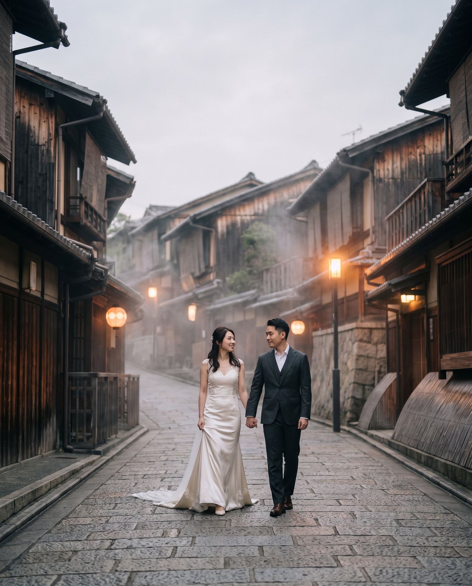 A couple in wedding attire walks hand-in-hand down a misty cobblestone street in historic Kyoto, Japan.