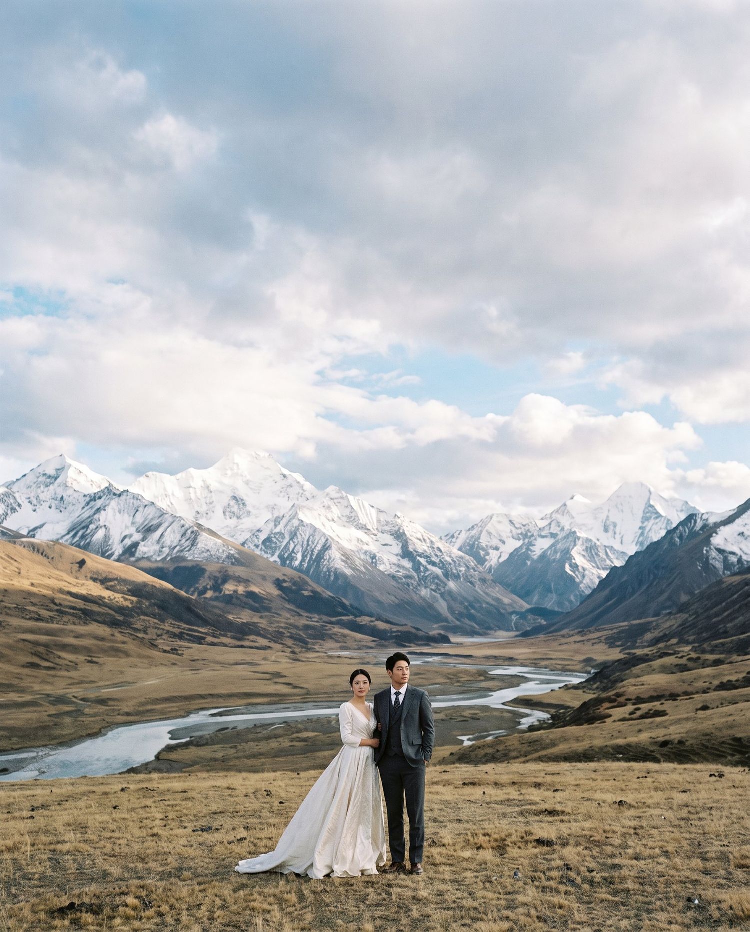 Couple in wedding attire posing before snow-capped New Zealand mountains and river valley under dramatic cloudy sky.