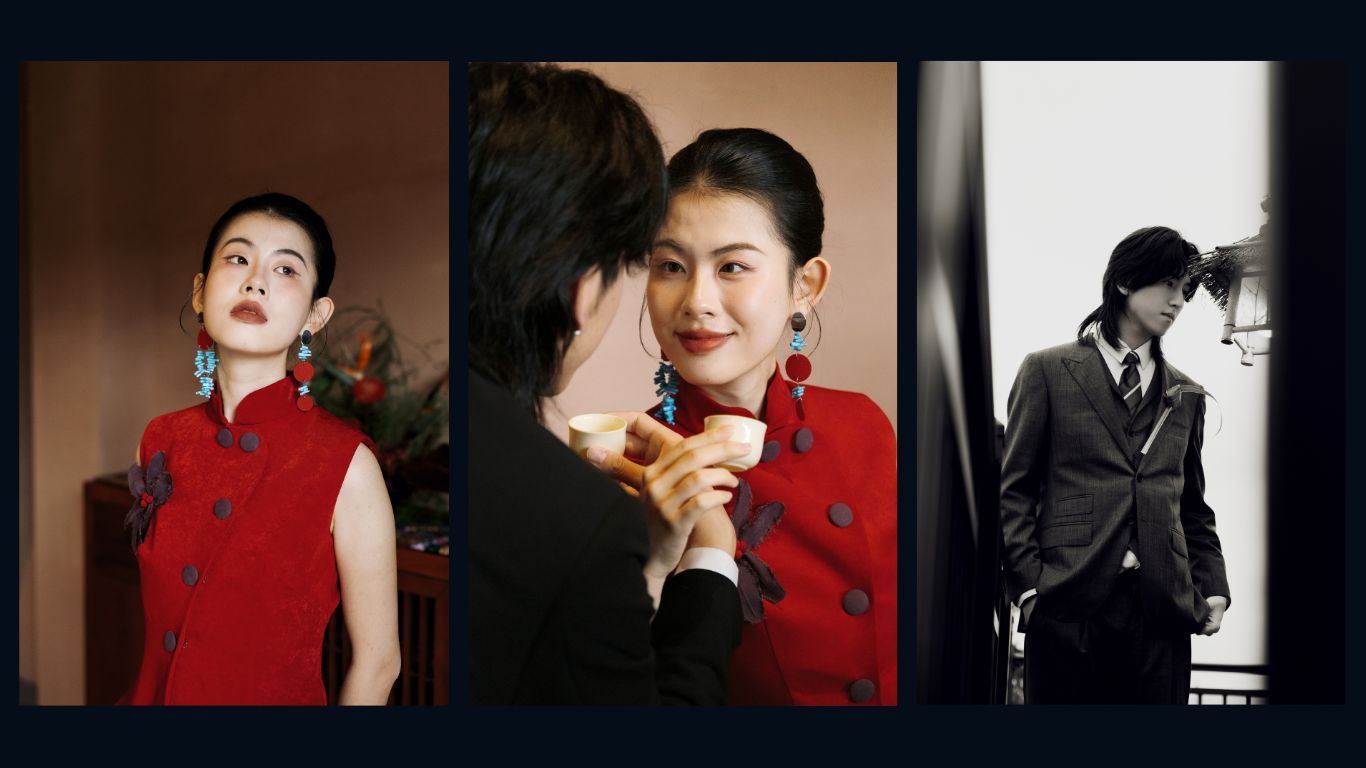 Triptych of a woman in red sleeveless qipao with red earrings, being assisted and posing in black and white.