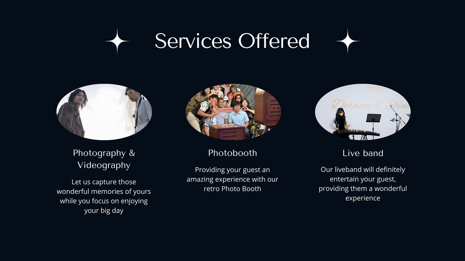Dark-themed wedding services slide showcasing photography, videography, photobooth, and live band offerings.