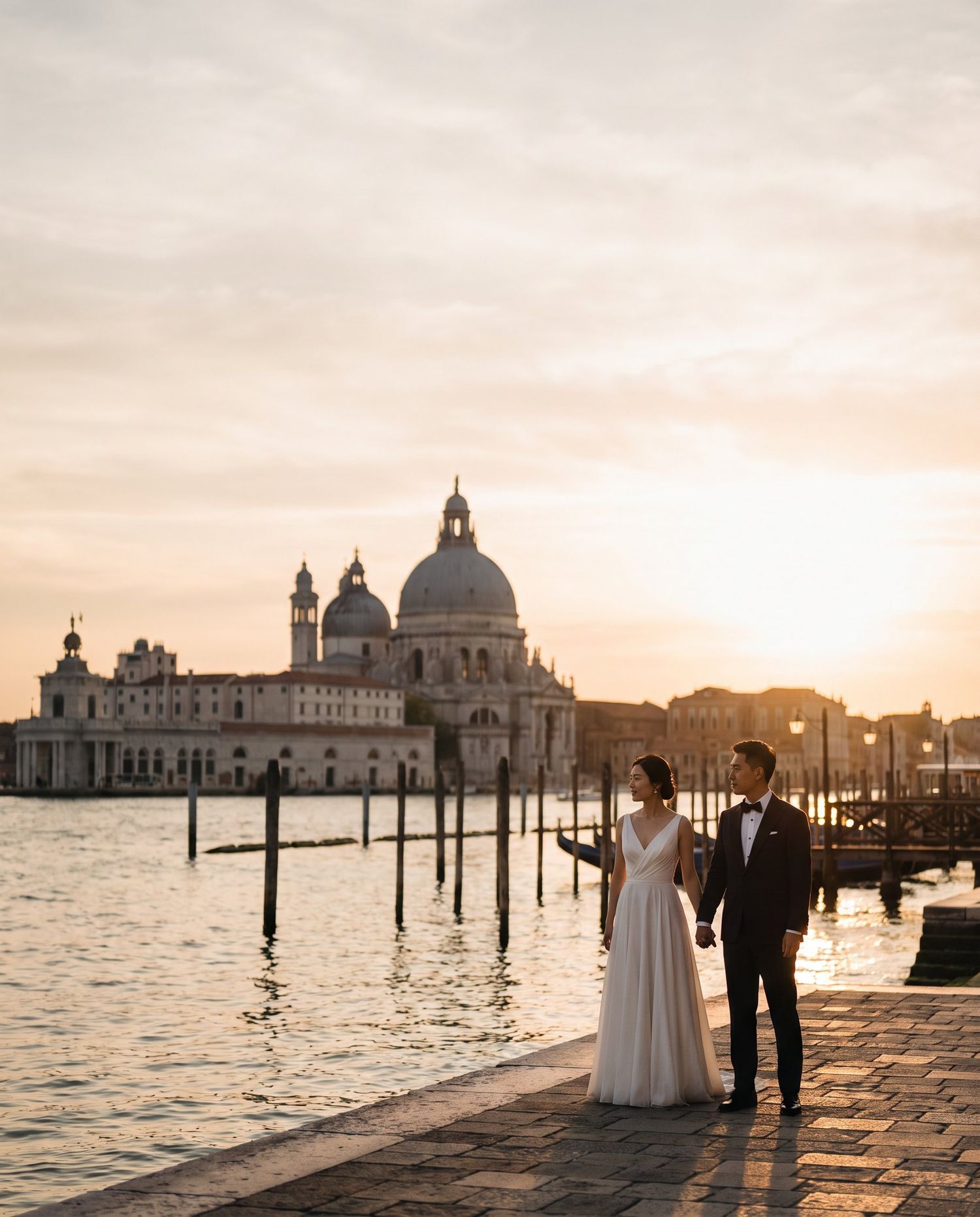 Couple in wedding attire holding hands at sunset by Venice Grand Canal with Santa Maria della Salute backdrop.