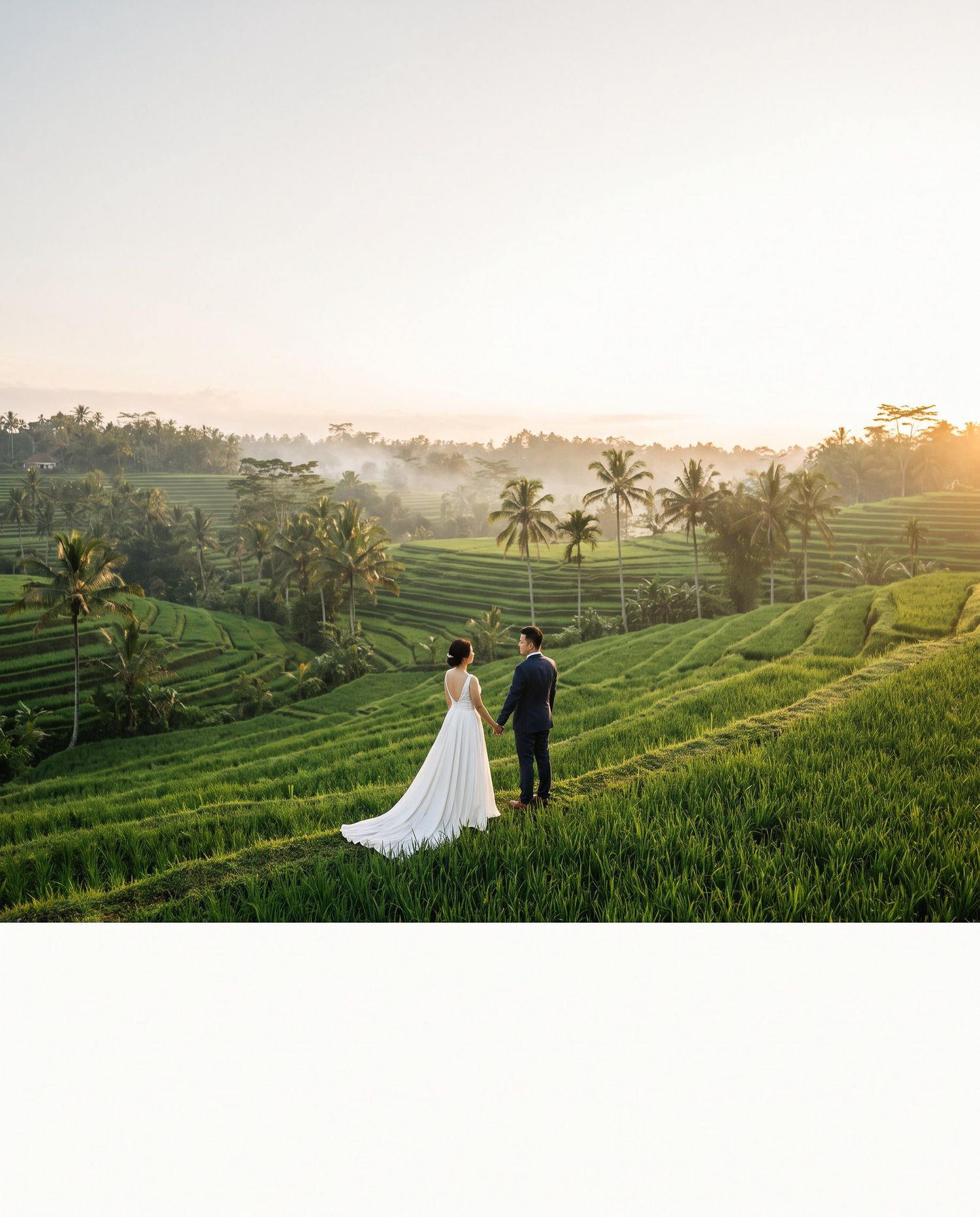 Couple in wedding attire standing among lush green rice terraces in Bali at golden hour sunrise.