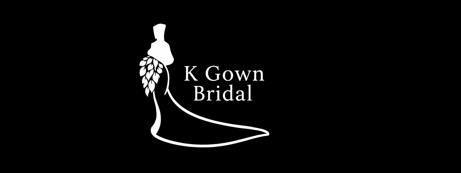 K Gown Bridal elegant white logo on dark background with stylized bride in a long flowing bridal gown.