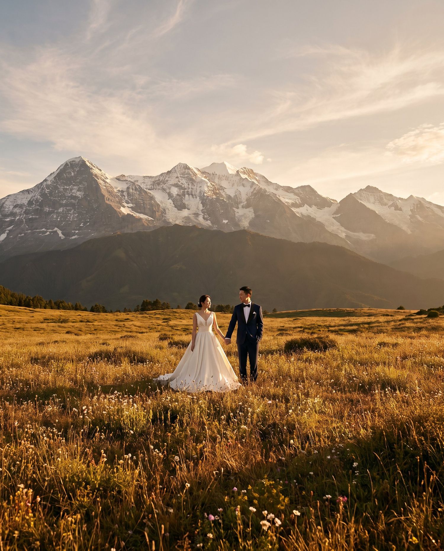 Couple holding hands in a golden meadow with snow-capped Swiss Alps mountains at sunset on their wedding day.