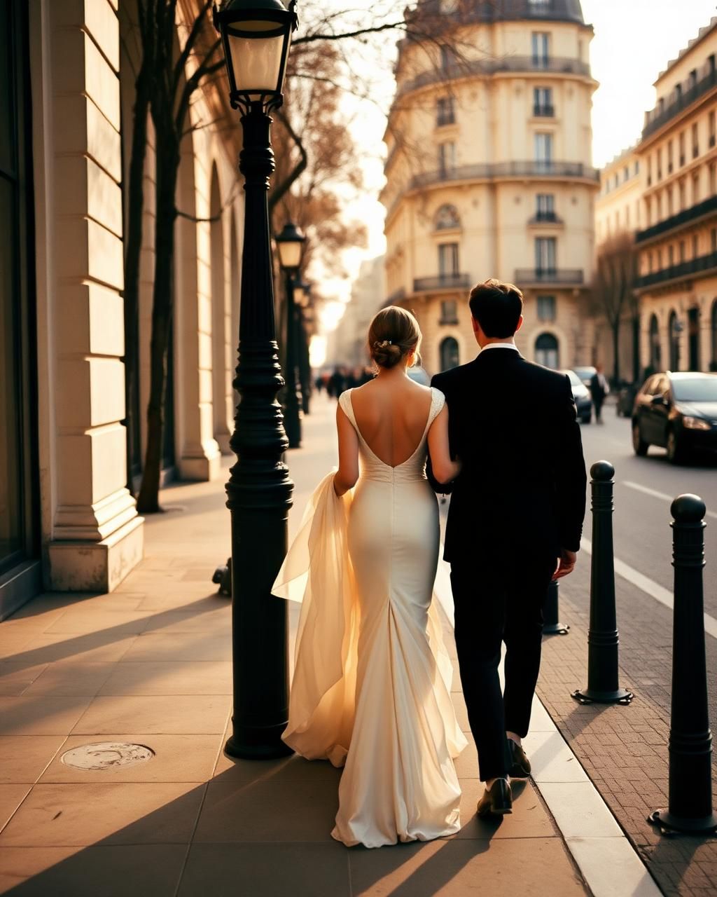 A bride in a backless white gown and groom in a black suit walk along a Parisian boulevard at golden hour.