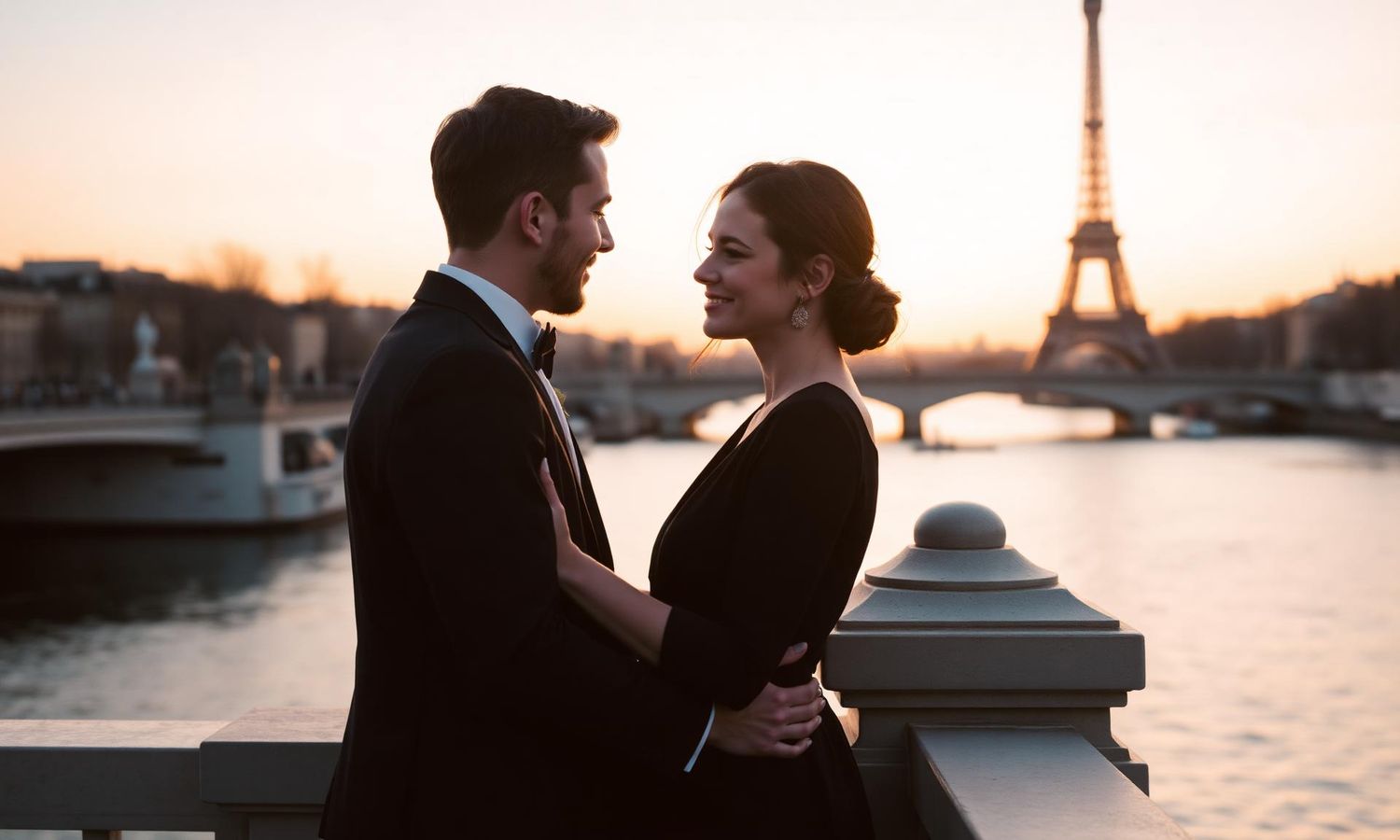 Romantic couple embracing on a bridge in Paris with the Eiffel Tower glowing at sunset behind them.