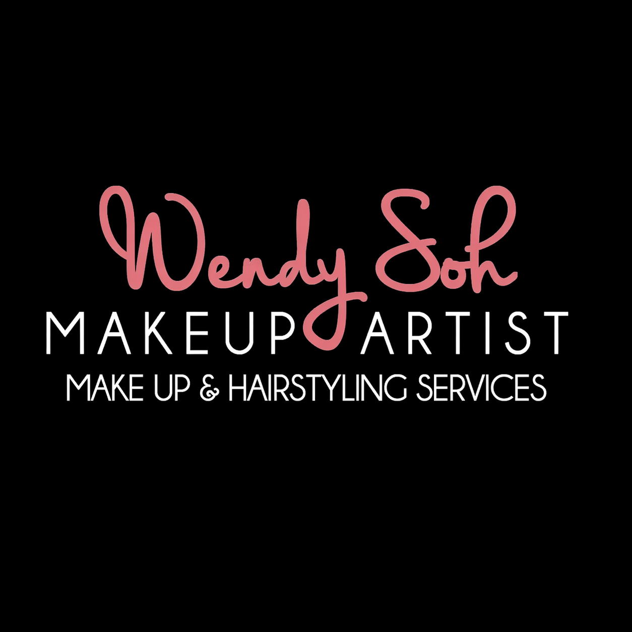 Wendy Soh Makeup Artist logo in pink and white text on black background offering makeup and hairstyling services.