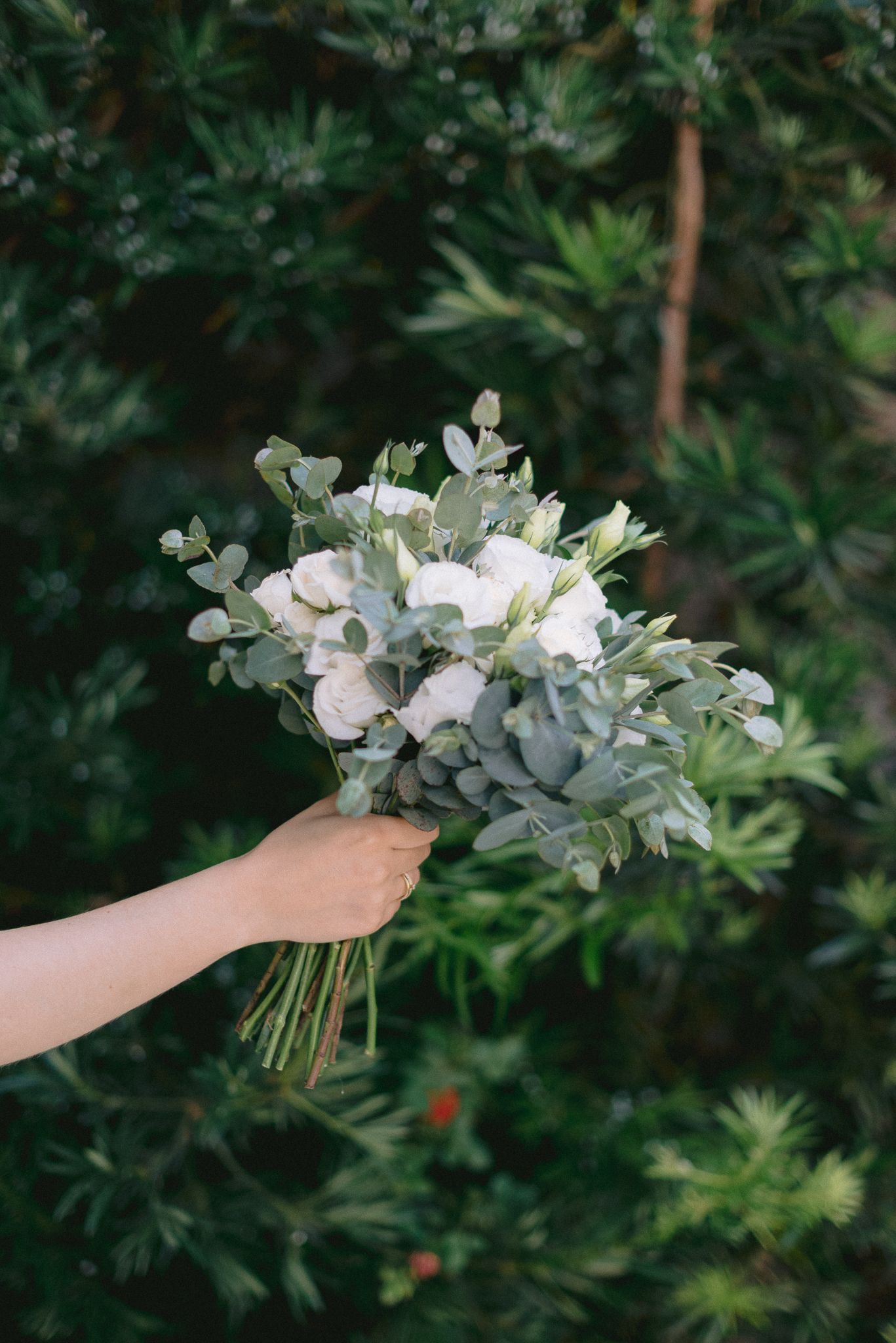 Beautiful bridal bouquet with white flowers and eucalyptus leaves held against green foliage.