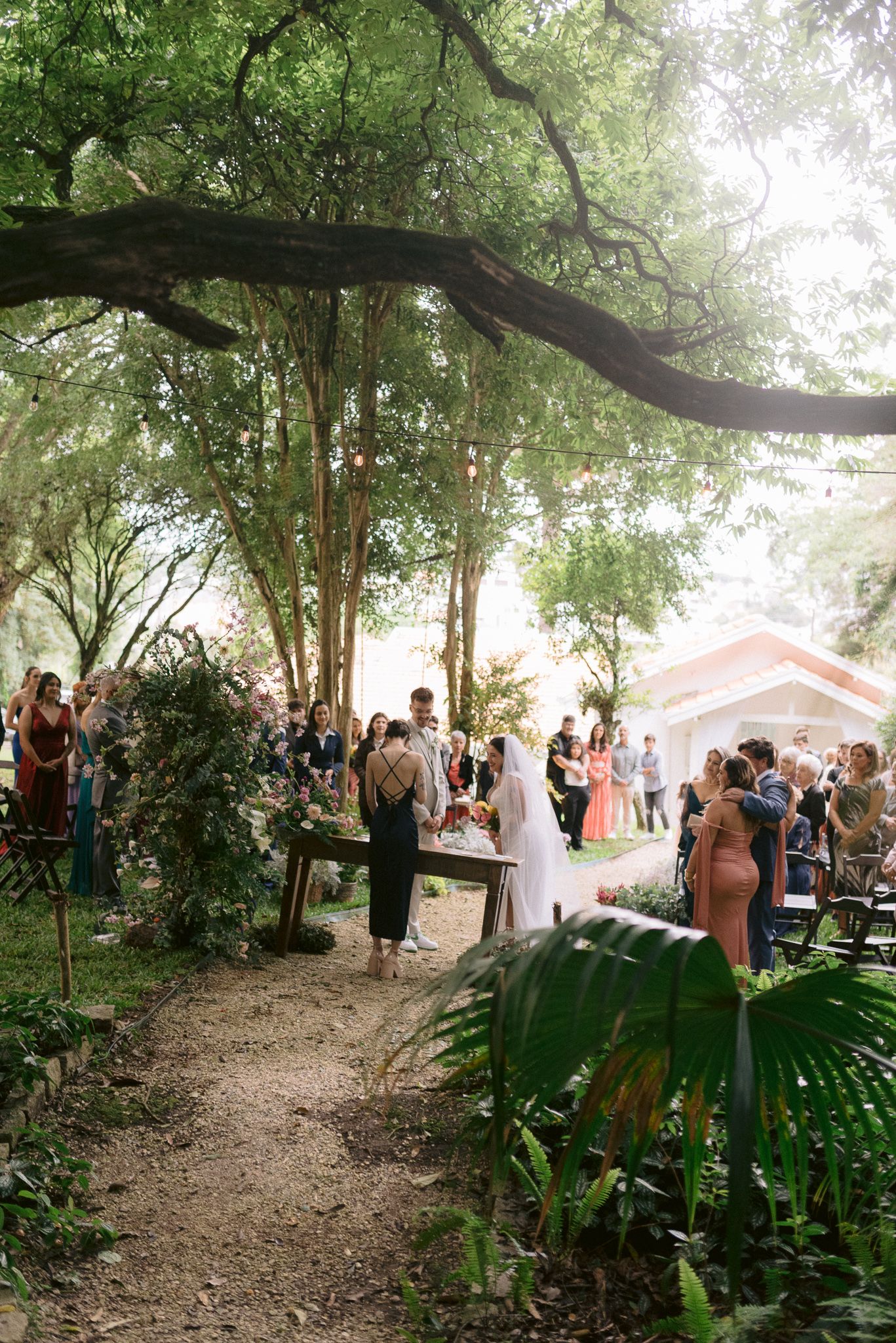 Outdoor wedding gathering under large trees with guests mingling in natural setting.