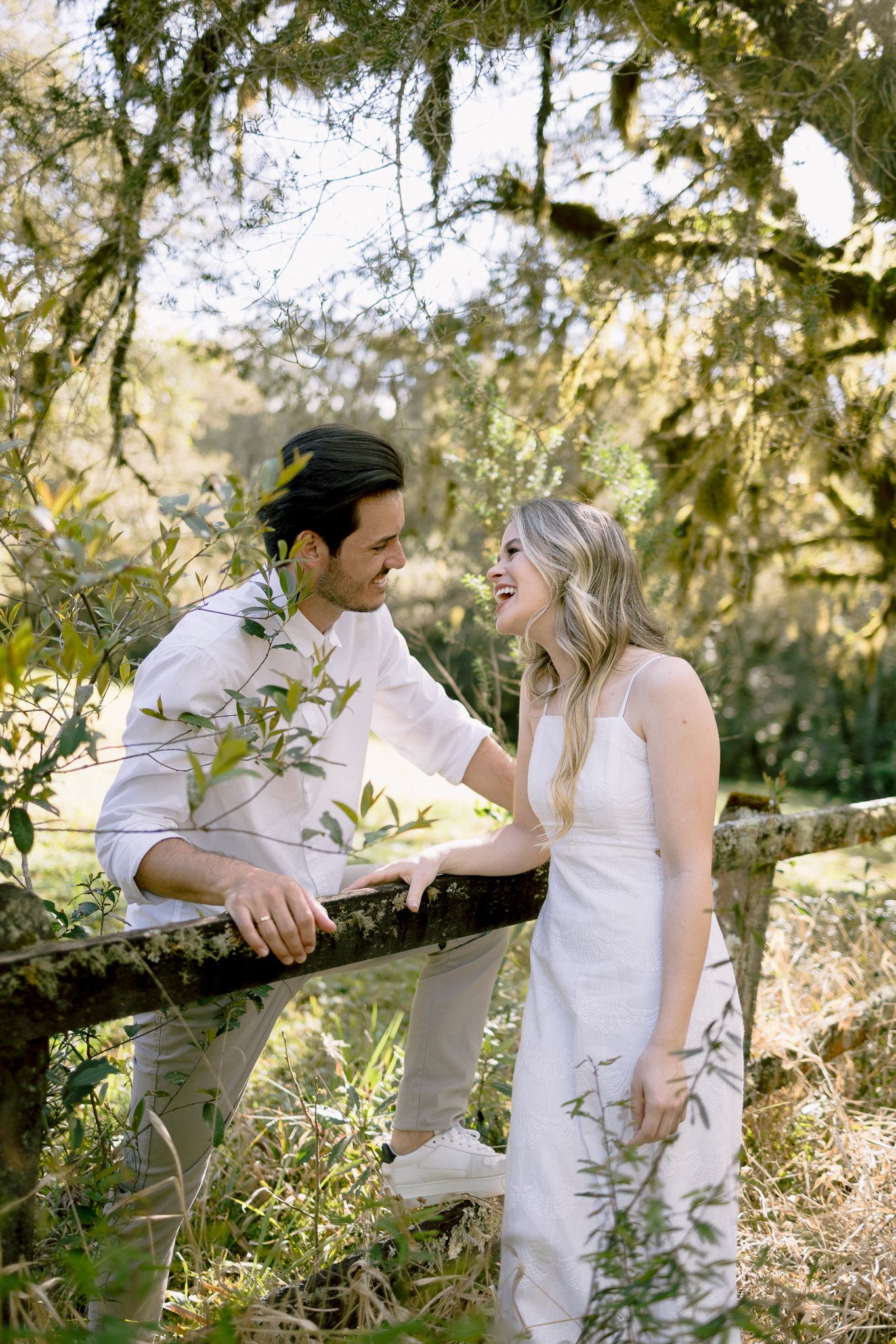 Sun-drenched outdoor wedding photos beneath tree branches.