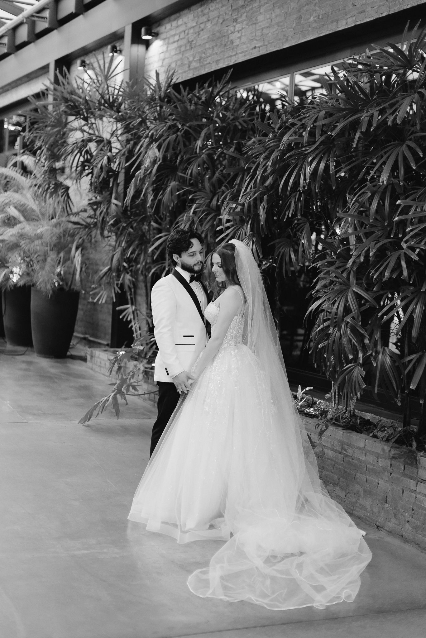 A series of images showing a white wedding dress with tulle skirt arranged in different poses by a tropical garden wall.