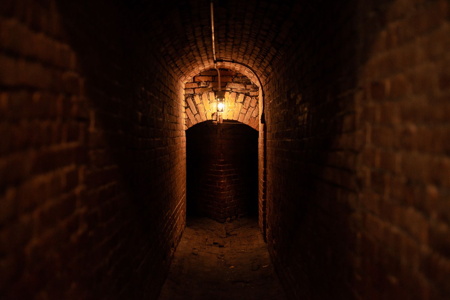 Dark stone tunnel with arched ceiling illuminated by warm glowing lights along the walls.