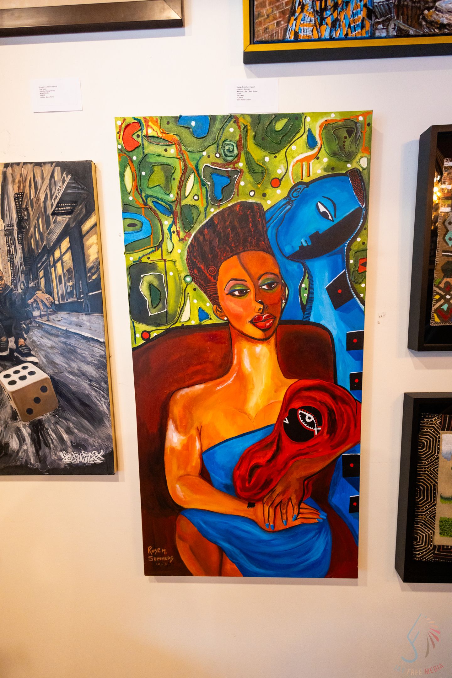 Colorful figurative painting of a woman holding a red flower displayed in an art gallery among other diverse artworks.