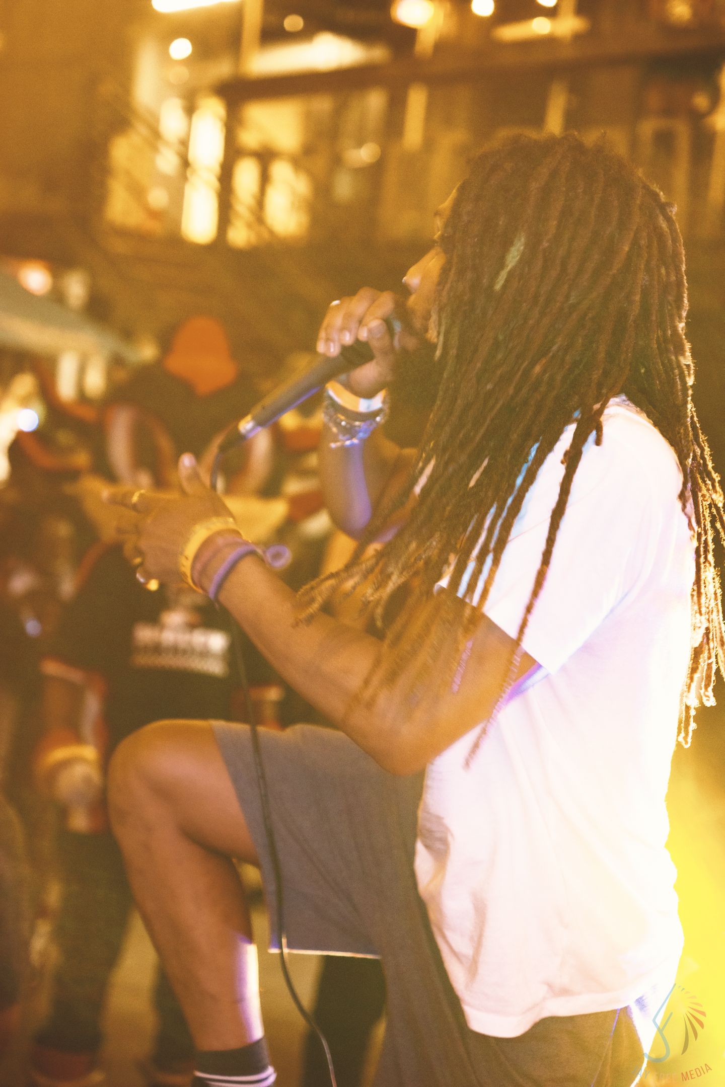 Concert performer silhouetted against warm golden stage lighting.