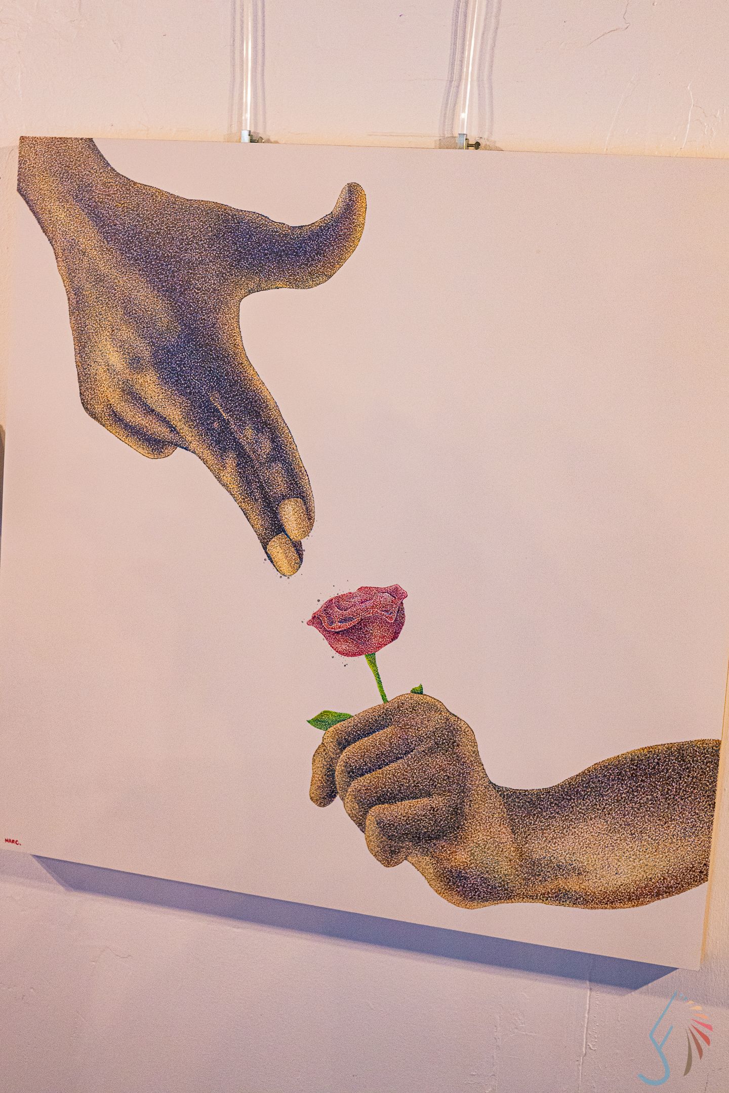 Artwork depicting two hands exchanging a red rose, painted in a vintage stipple style on white canvas.