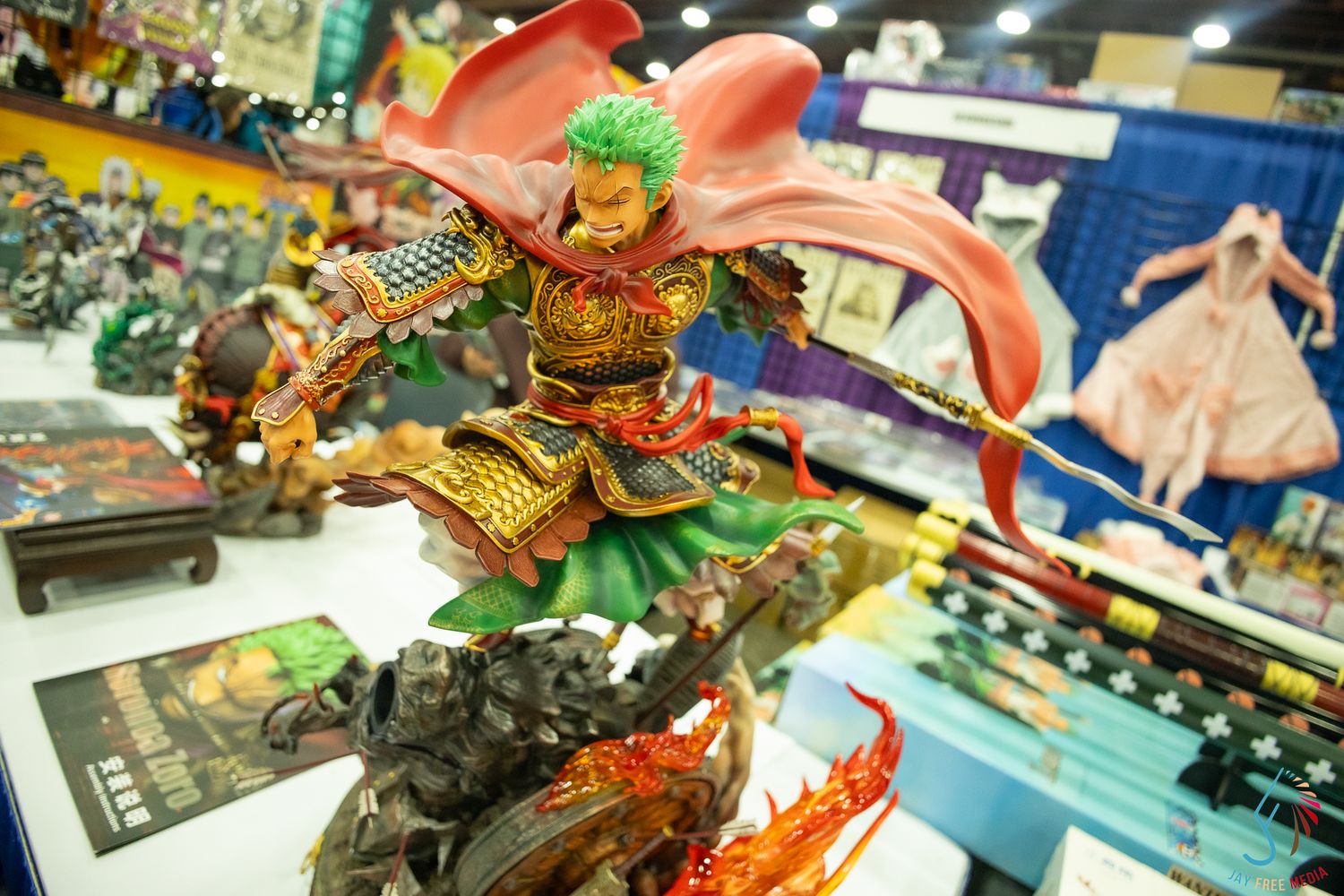 Detailed One Piece Roronoa Zoro samurai armor collectible figure displayed at anime convention.