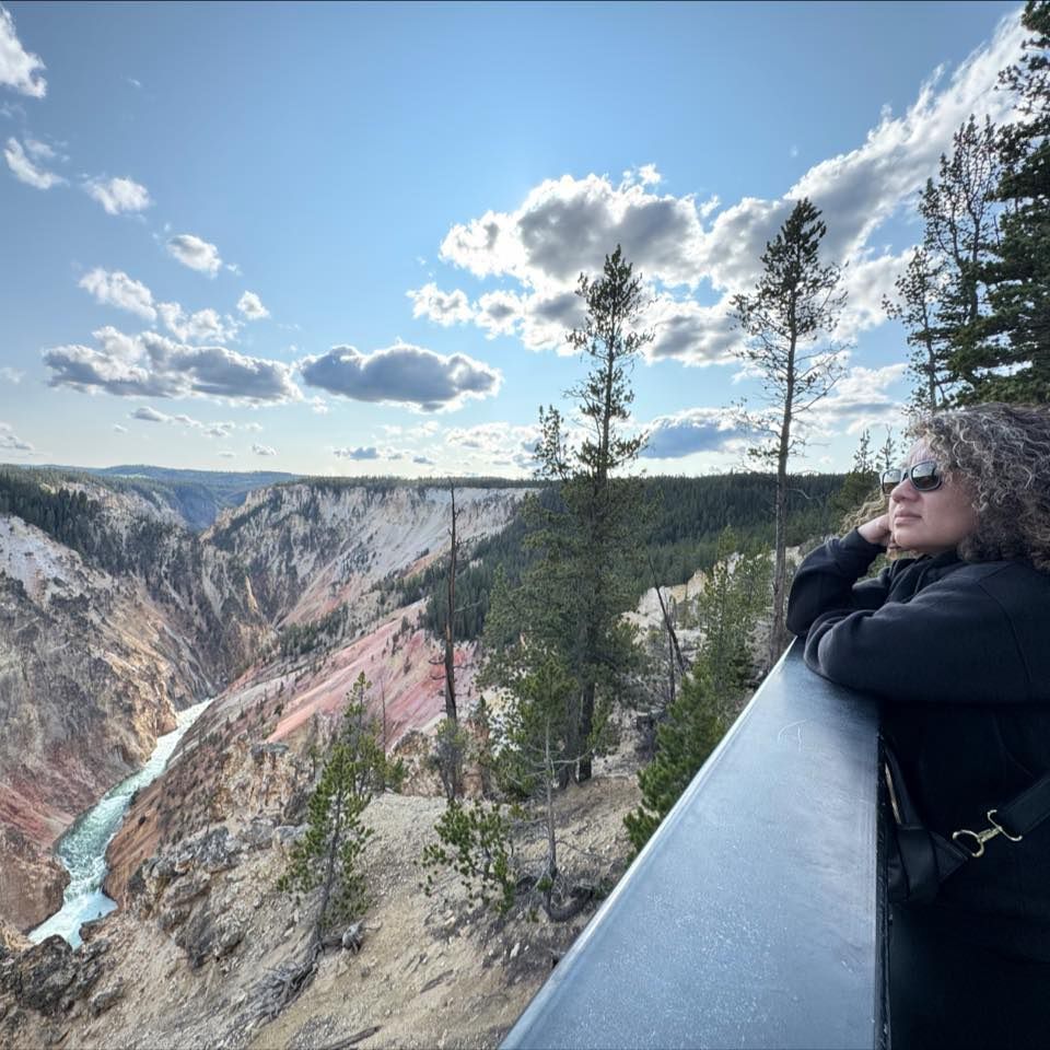 Scenic overlook of Yellowstone canyon with river and dramatic clouds.