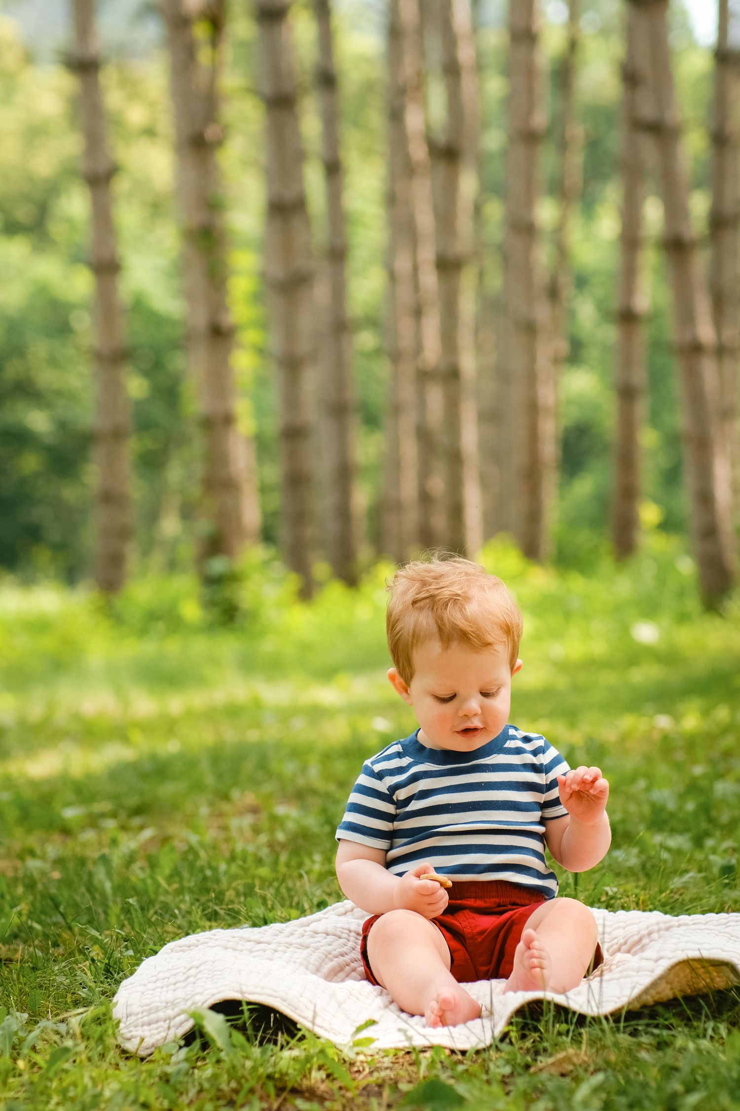 Adorable red-haired baby boy in striped shirt sitting on blanket in sunny green park with tall trees.