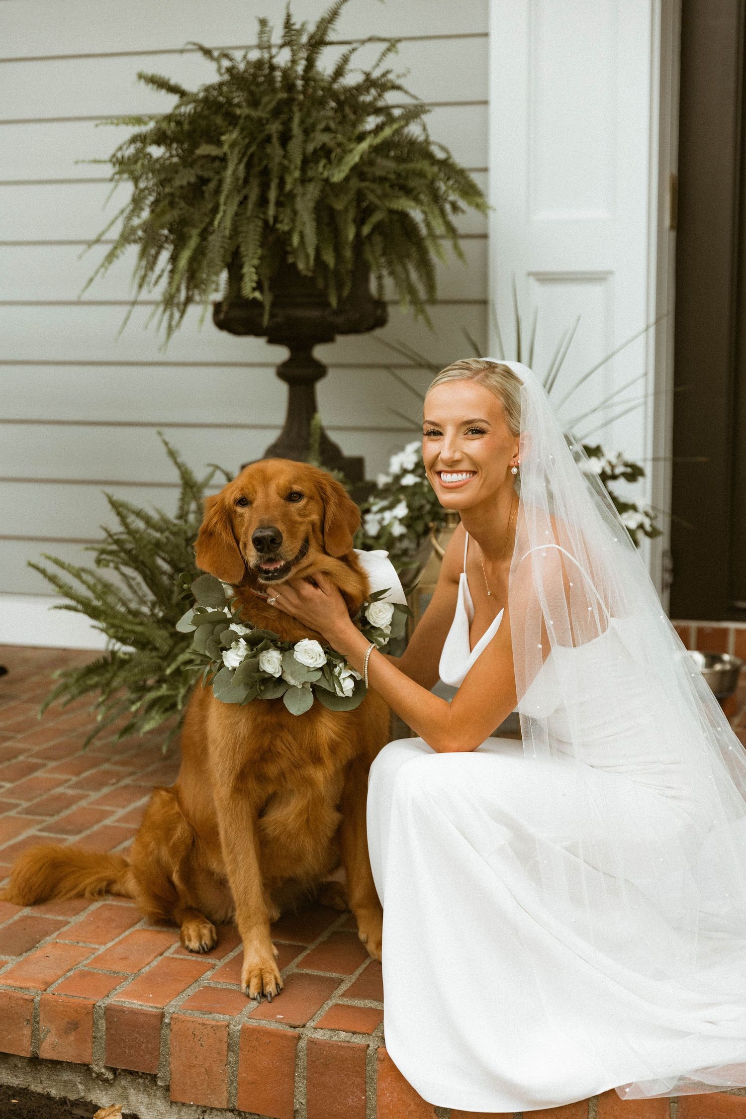 Bride in white dress poses with golden retriever on brick steps.