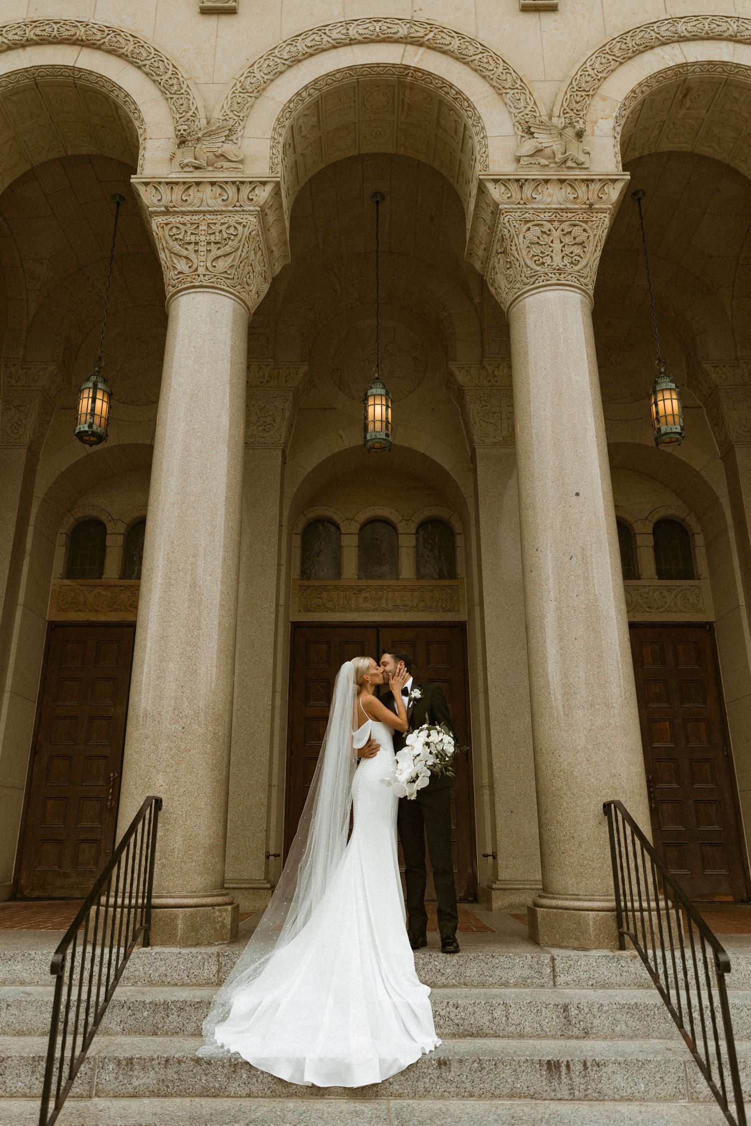 Series of romantic wedding photos with bride under classic stone archways and columns.