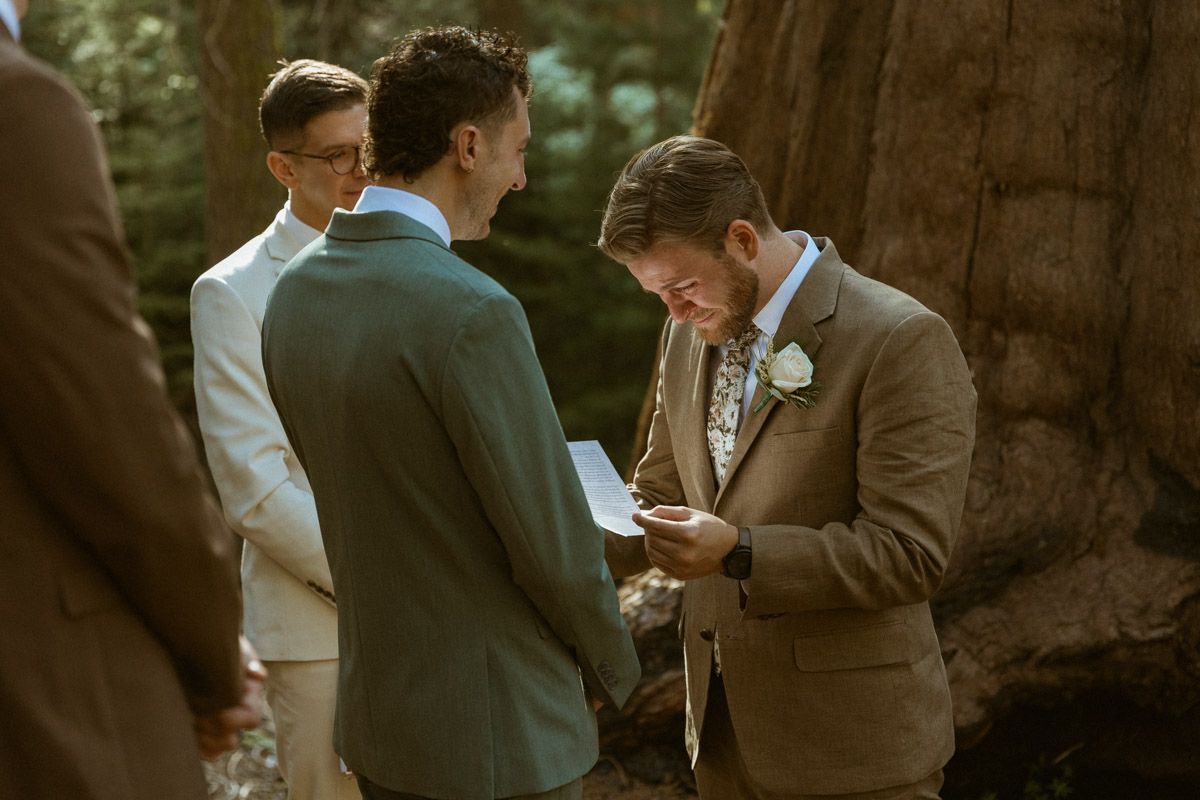 Intimate ceremony taking place among towering redwood trees in a forest setting.