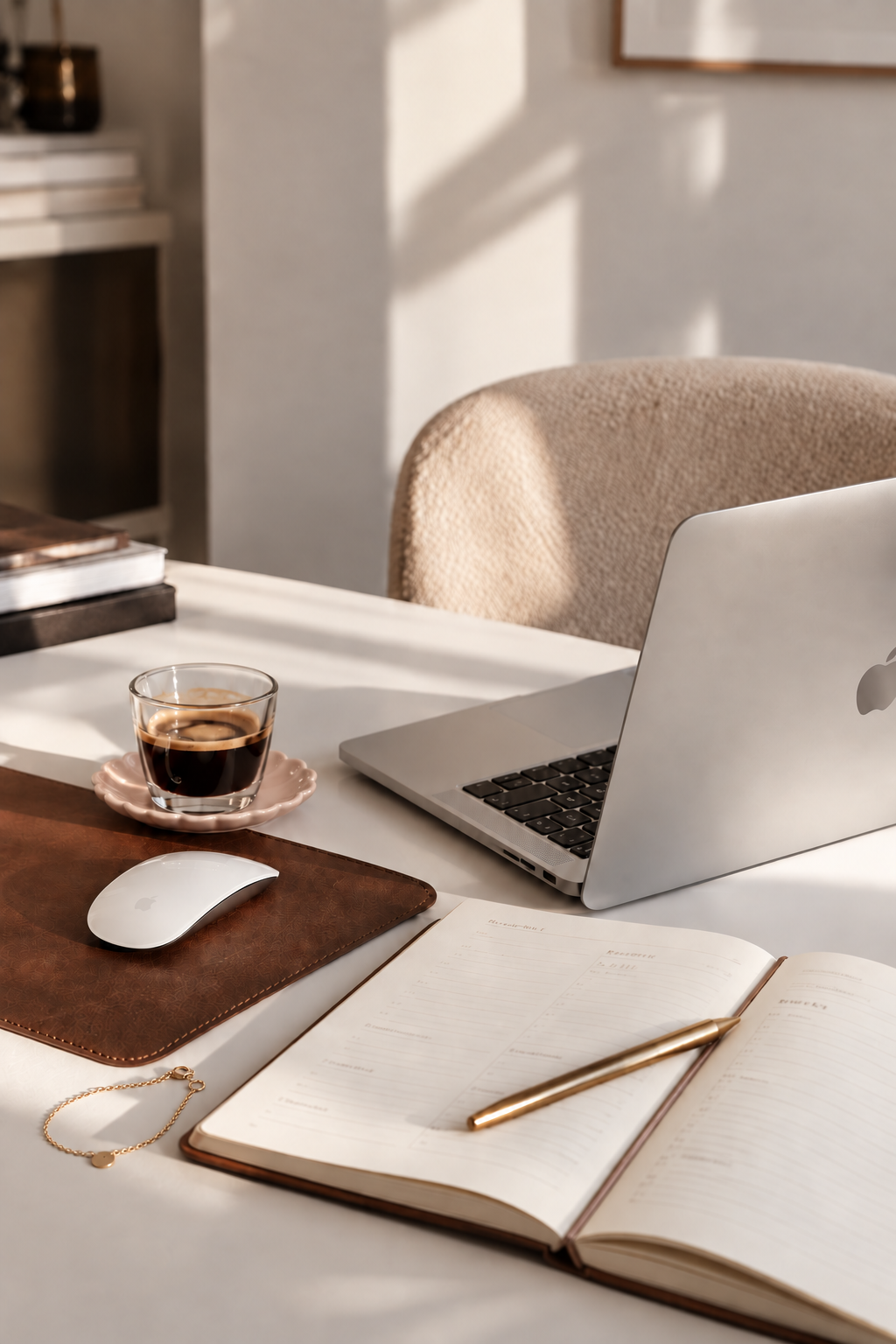 Elegant home office desk with MacBook, open journal, gold pen, coffee, and brown leather mouse pad in warm natural light.