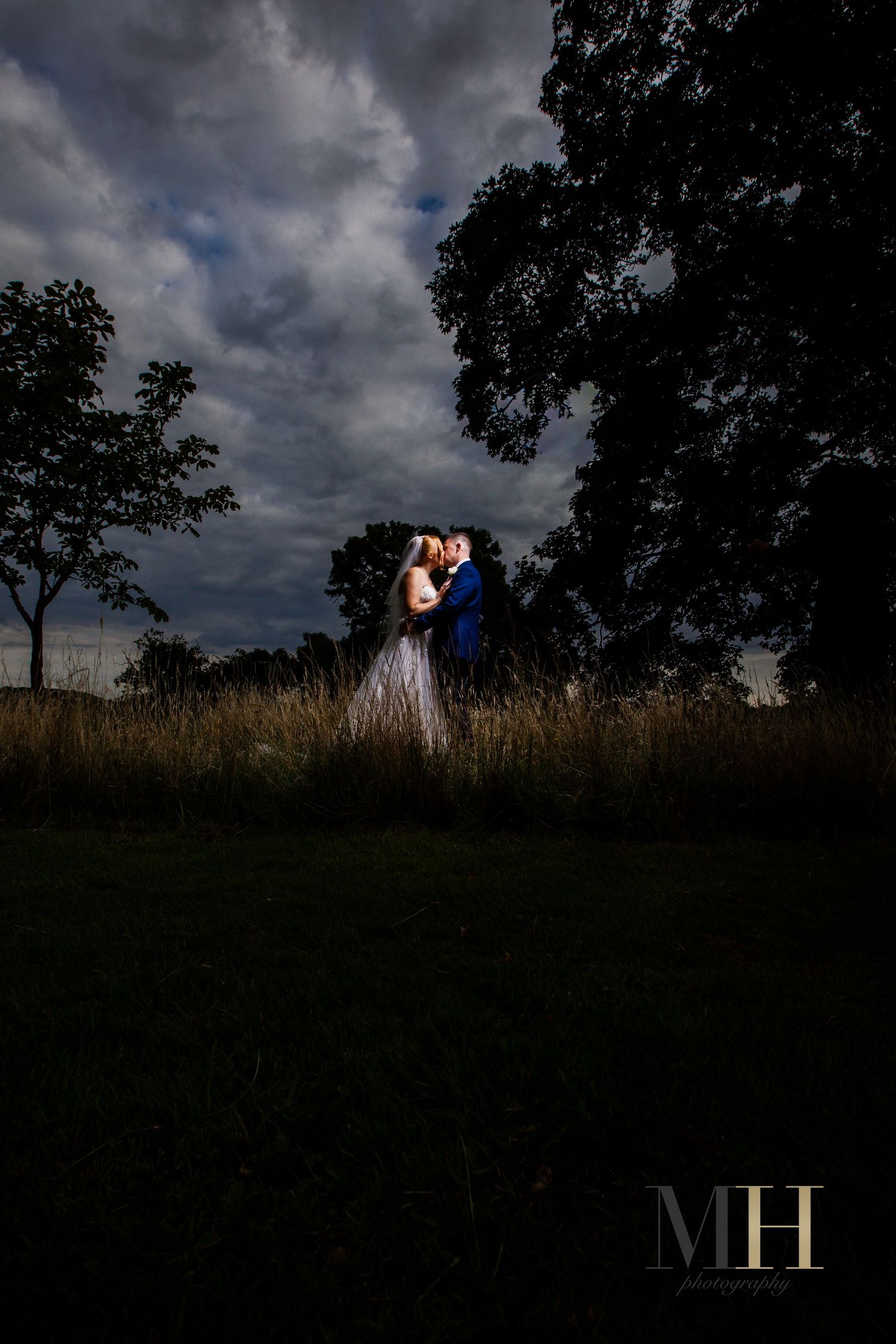 Dramatic silhouette of newlyweds against a stormy sky with dark trees in the foreground.
