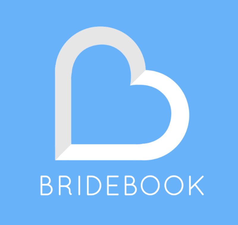 White Bridebook logo design on light blue background with minimalist geometric shapes.