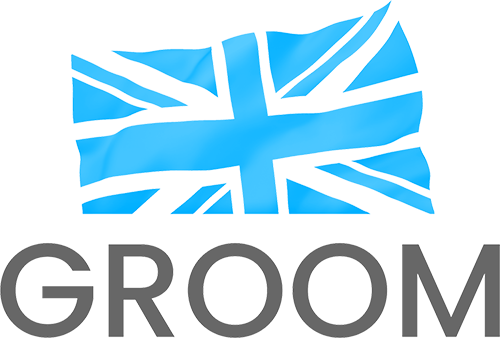 A stylized Union Jack flag design in light blue and white with the word GROOM underneath in gray text.