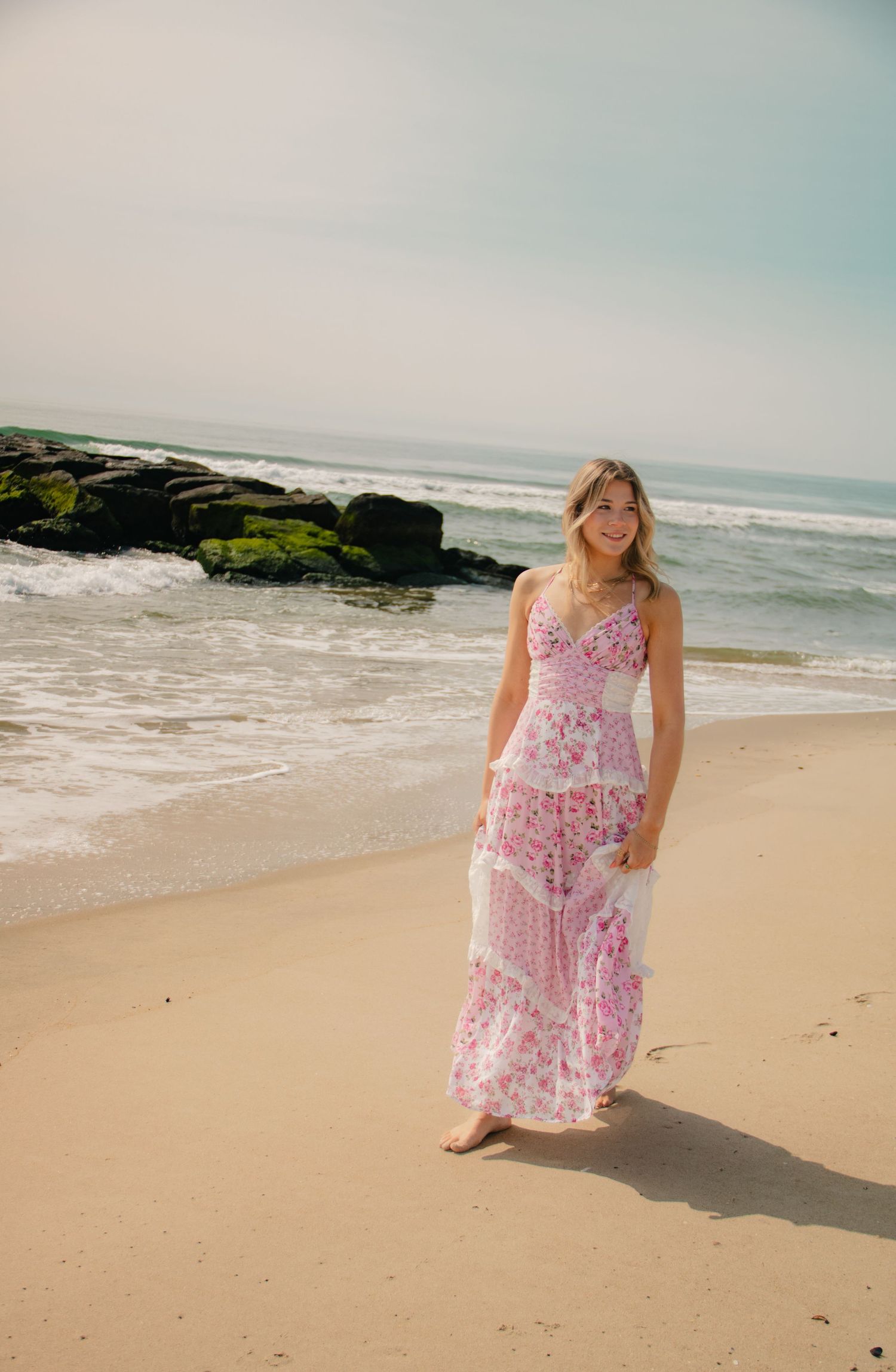 Spring Lake Beach New Jersey, gorgeous beach senior photoshoot, warm and creamy, full body with ocean in back, Lehigh Valley PA Photographer