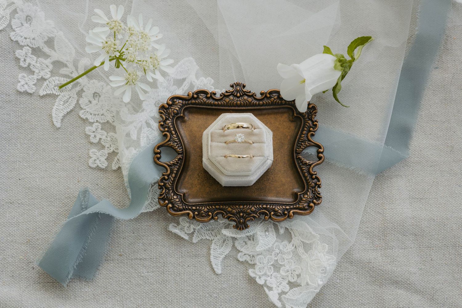 Gorgeous flat lay details, ring detail shot with veil, florals, and ring holder, clean and stunning ring flat lay, lehigh valley PA