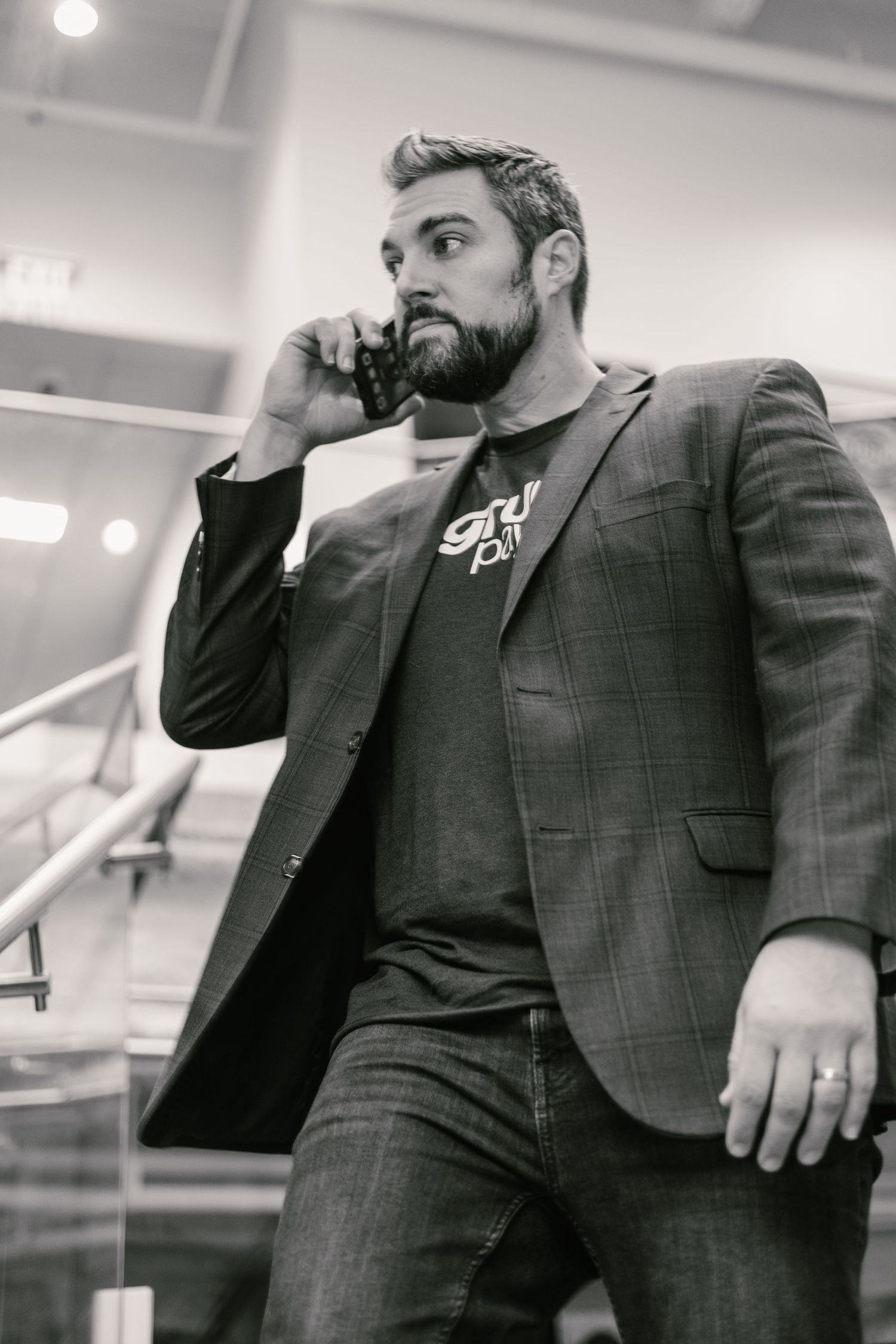 Lehigh Valley Pennsylvania business branding photoshoot in Bethlehem Pennsylvania, on the phone photos, black and white