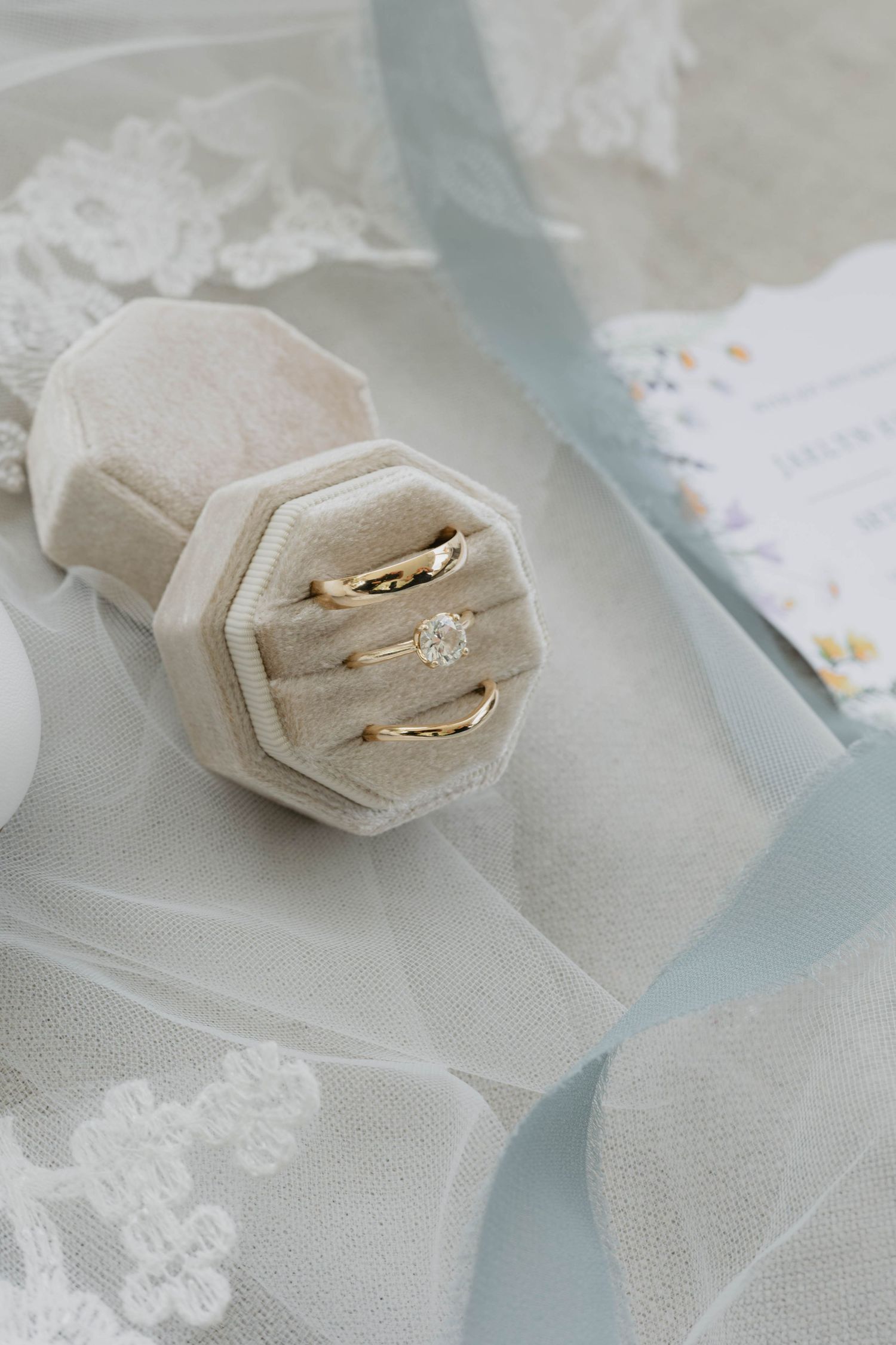 Gorgeous flat lay details, ring detail shot with veil, florals, and ring holder, clean and stunning ring flat lay, lehigh valley PA