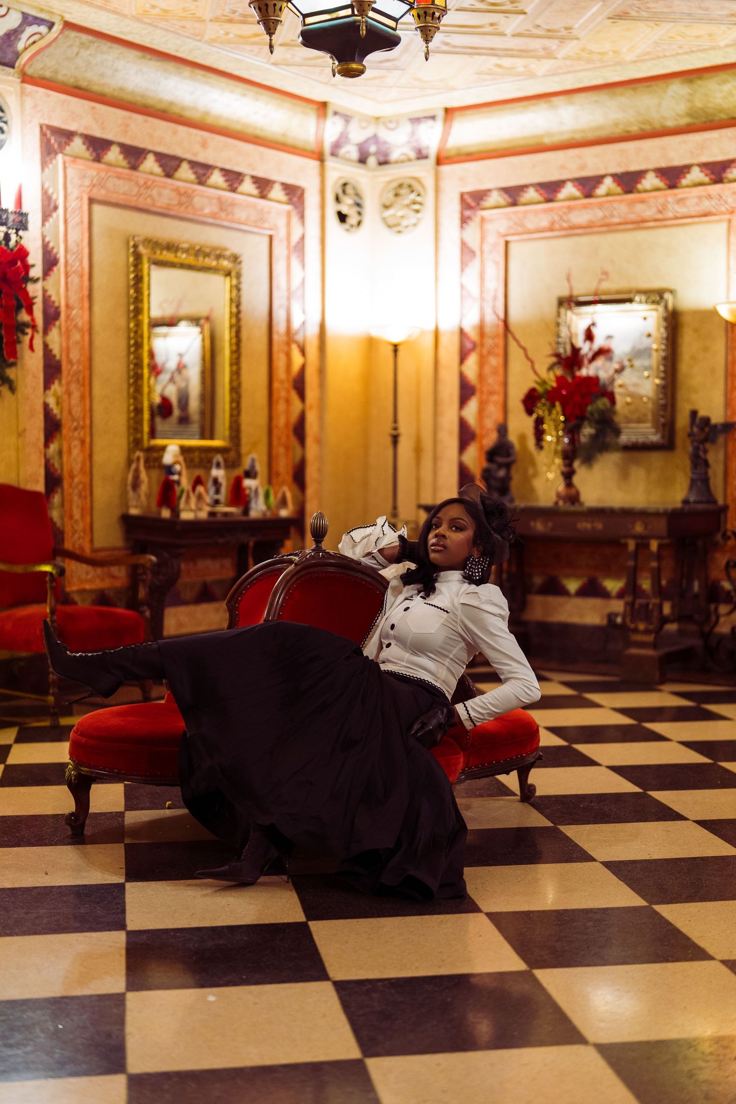 A sequence of photos showing someone lying on a black and white checkered floor in an ornate vintage room.