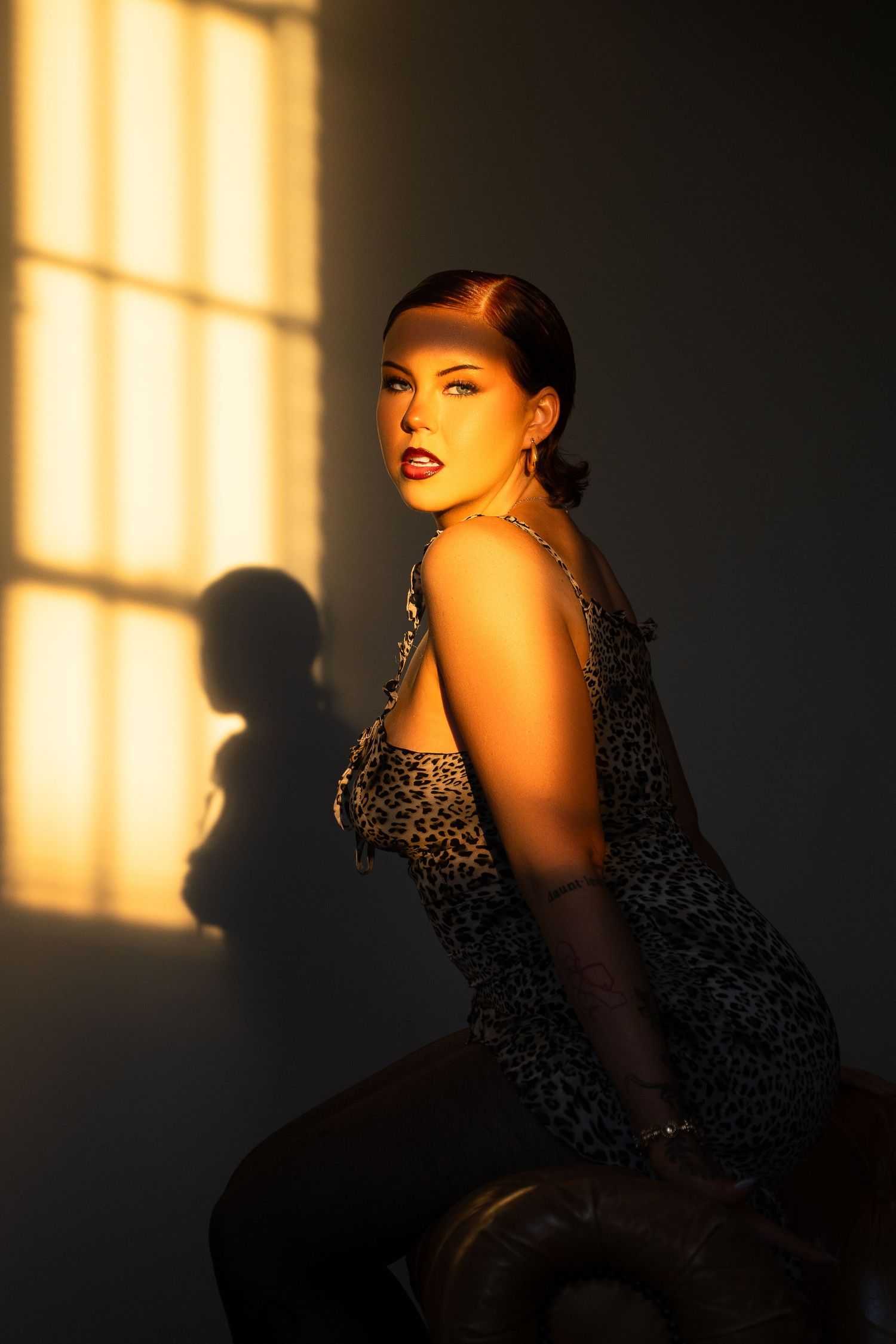 Dramatic portraits with golden window light creating shadows and silhouettes.