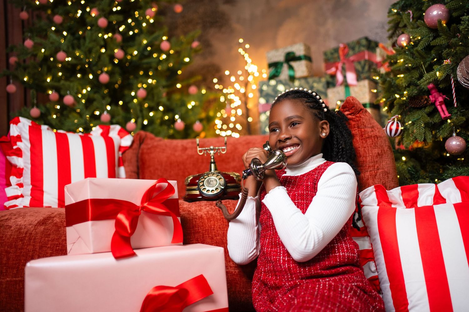 A collection of festive Christmas photos showing decorated trees, wrapped presents, and holiday celebrations.