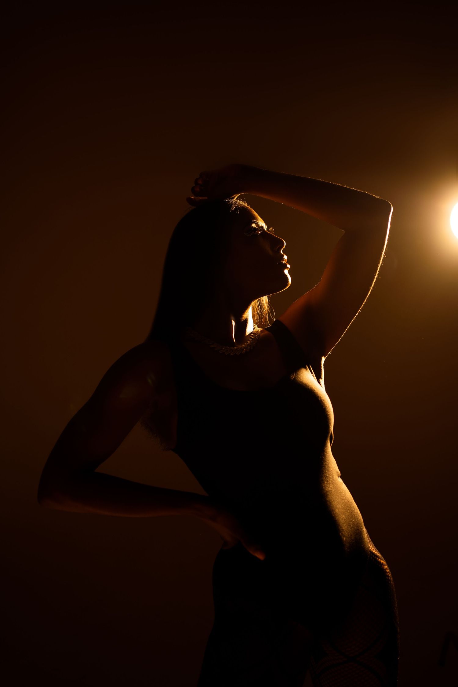 Artistic silhouette portrait with dramatic backlighting creates moody atmosphere.