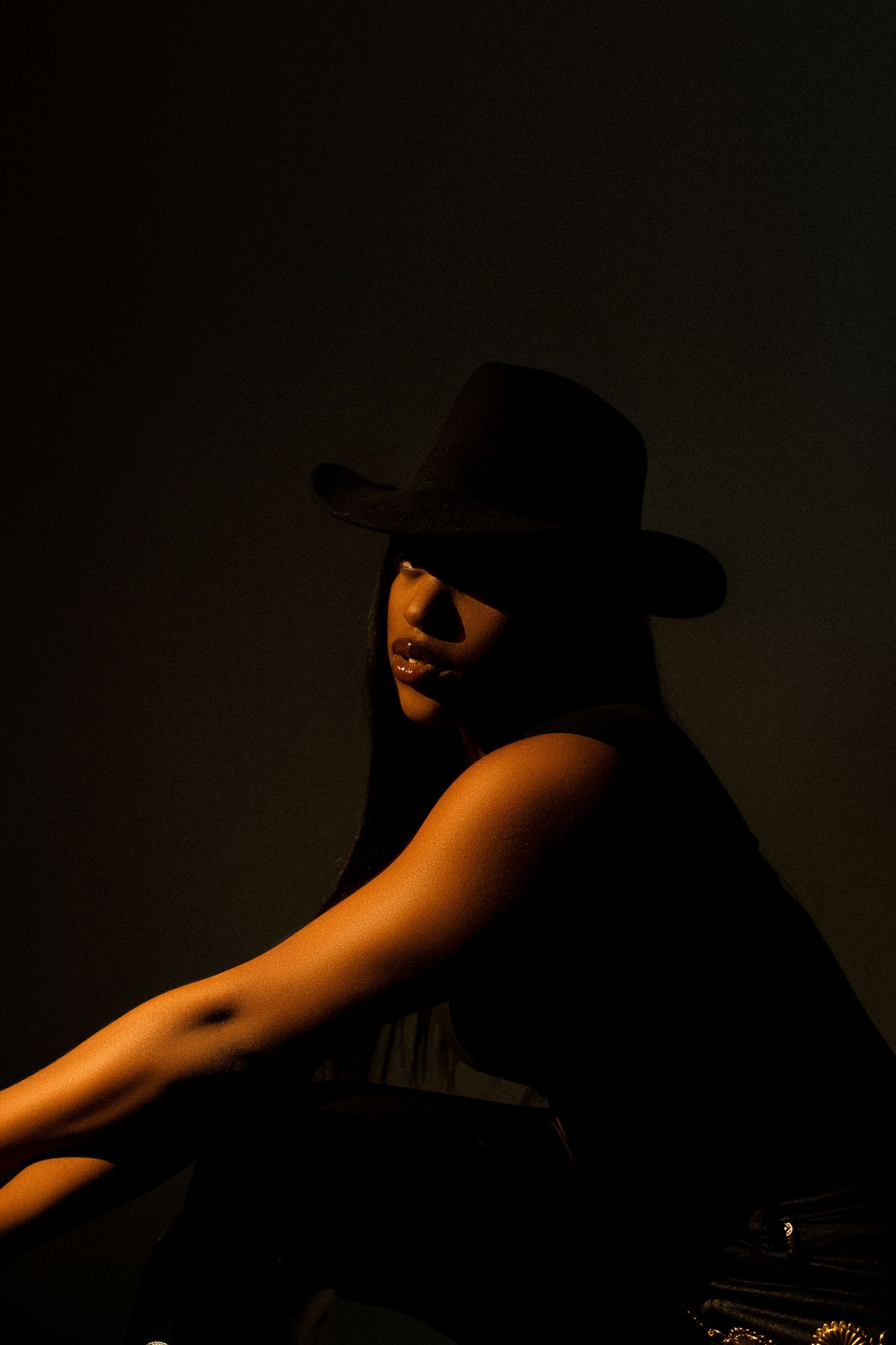 Moody silhouette portrait with warm lighting and black western hat.