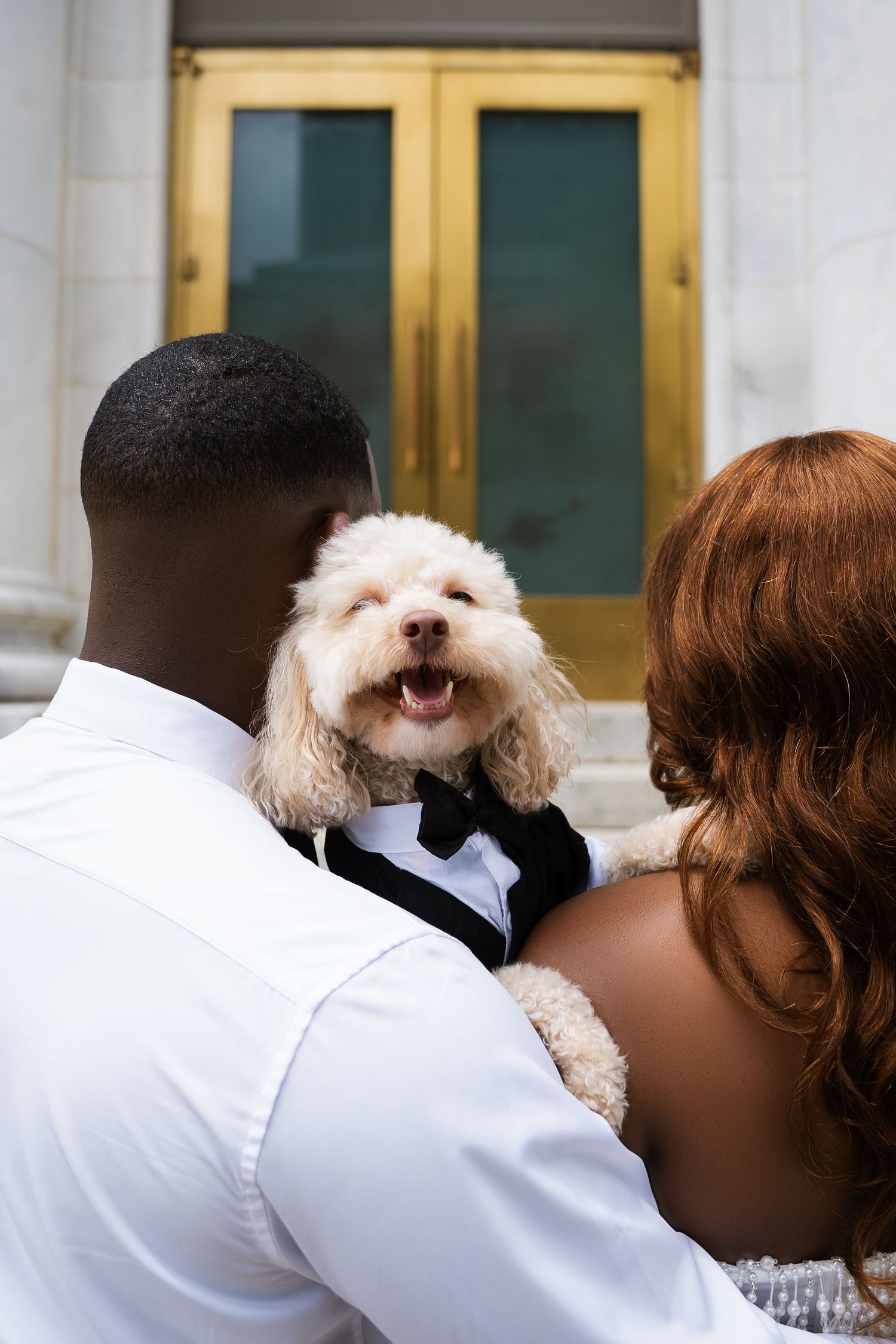 A small white dog in a bowtie being held between a couple during their wedding photos.